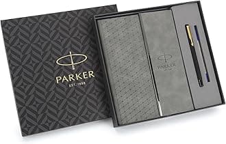 Parker Gift Set | Vector Matte Black Gold Trim Roller Ball Pen Grey Flip PU Notebook | 1 Pen + 1 Note Book| Ink Color - Blue