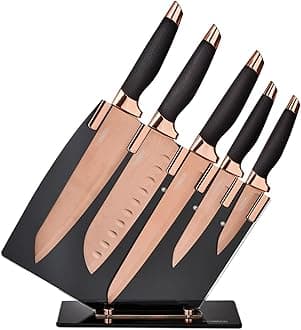 Tower Kitchen Knife Set with Acrylic Knife Block, Damascus Effect, Stainless Steel Blades, Rose Gold and Black, 5 Pieces