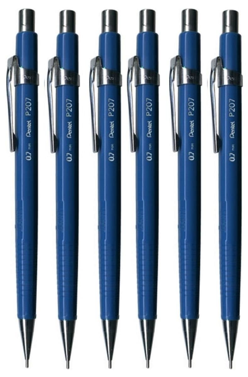 Pentel 0.7mm (P207) Blue P200 Series Automatic Mechanical Draughting Pencil Refillable Lead Eraser P207-C (Pack Of 6)