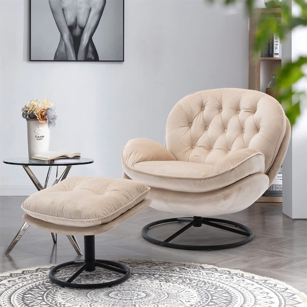 Velvet Swivel Accent Chair with Ottoman Set, Modern Lounge Chair with Metal Base Frame & Footrest, Comfortable Single Leisure Sofa Chair Reading Chair with 360 Degree Swiveling for Living Room, Beige