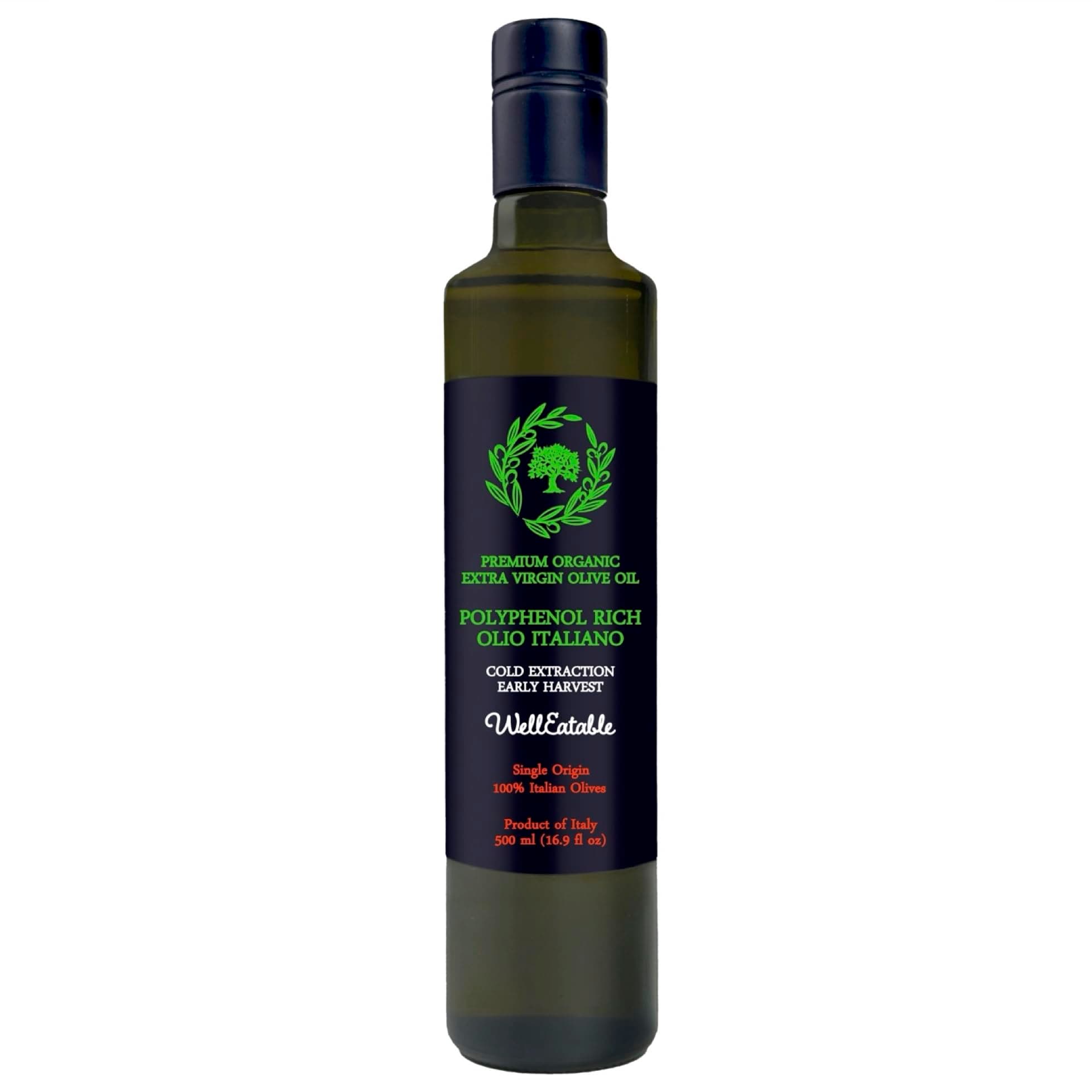WellEatable Polyphenol Rich (+800mg/kg) Fresh Early Harvest Olio Italiano, Organic Olive Oil, Extra Virgin Olive Oil from Italy, Lab Tested Nutritional Values, 16.9 fl oz