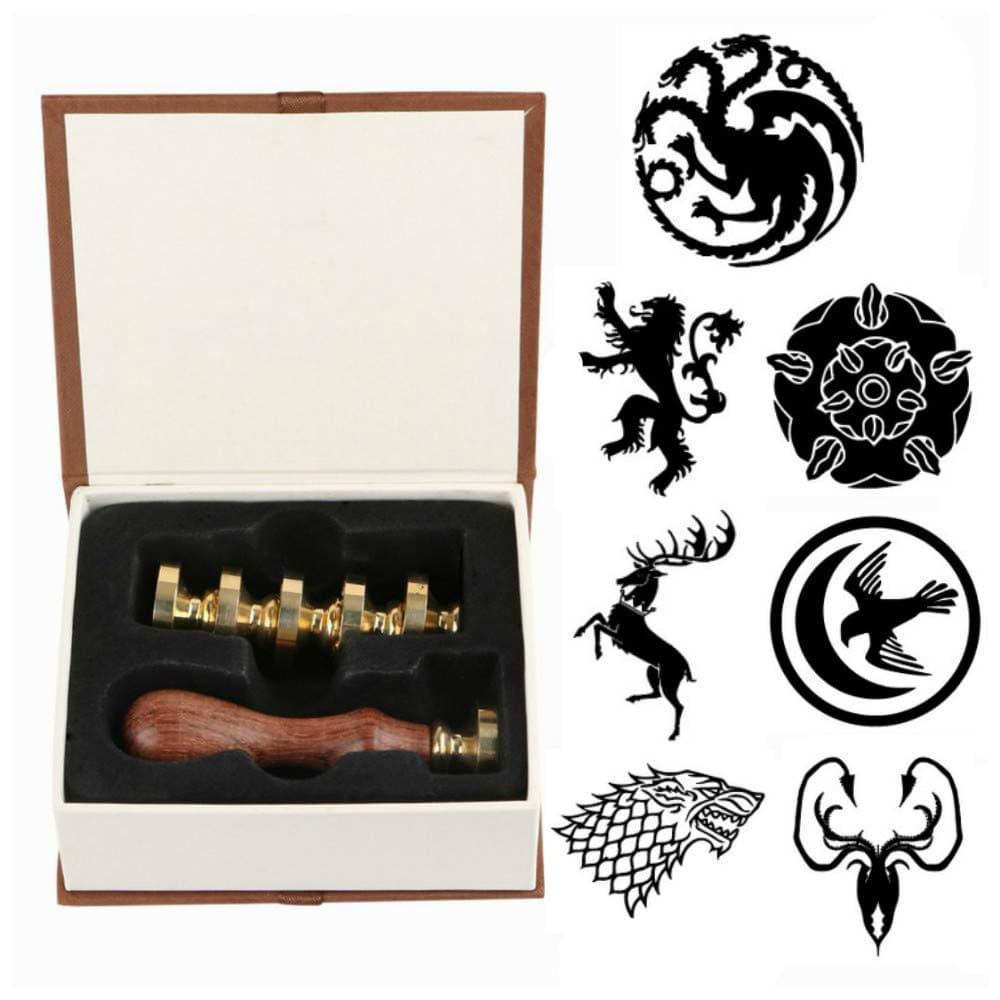 House Stark Wax Seal Stamp Set, SeeSky 7 Pieces Game of Thrones Ice Song Seal Wax Stamps Copper Seals + 1 Piece Wooden Hilt, House Lannister Targaryen Tyrell Wax Stamp for Christmas (Ice Song Set)