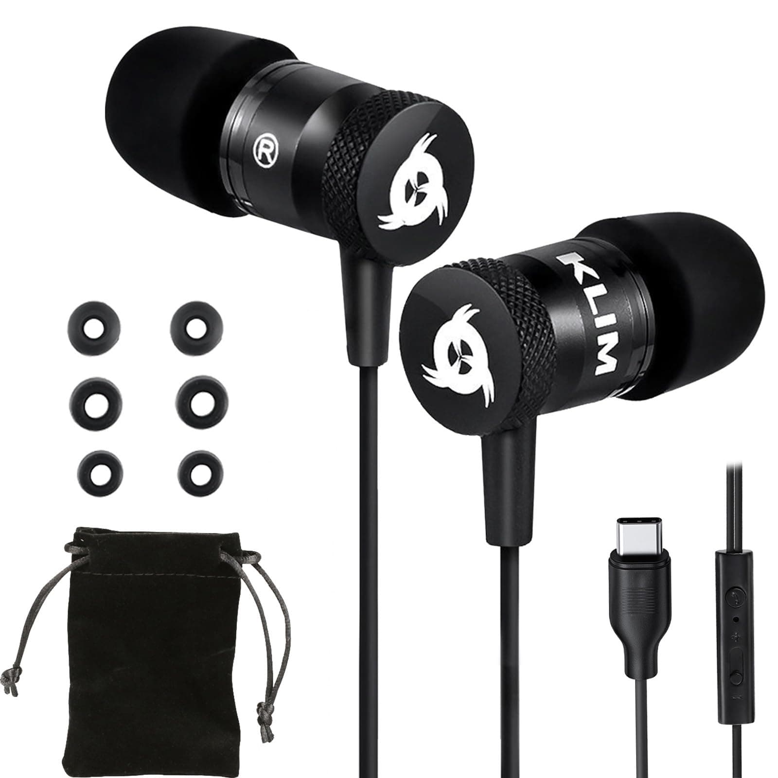 KLIMFusion Earbuds with Microphone - NEW 2024 - Long-Lasting Wired Ear Buds - Innovative: in-Ear with Memory Foam - Earphones with Mic and USB-C - Black - USB-C
