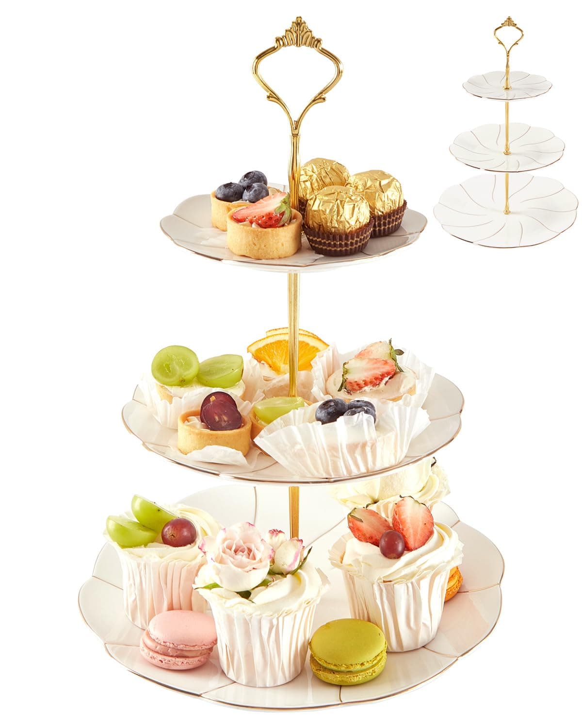 Luxury Porcelain 3-Tier Cupcake Stand Tower, British Style Serving Tray with Golden Trim, Food Grade Dessert Display Stand, Beautiful Gift for Tea Party & Home Décor