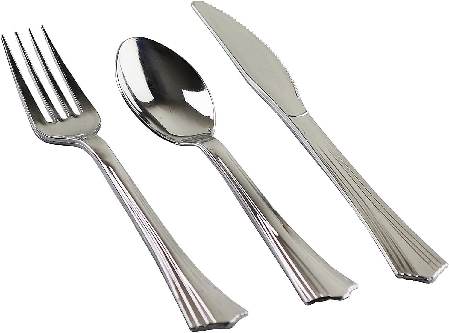 144 Heavy Duty Silver Plastic Cutlery Set - 48 of Each Piece Quality Bulk Reusable Fancy Plastic Silverware Perfect for Parties