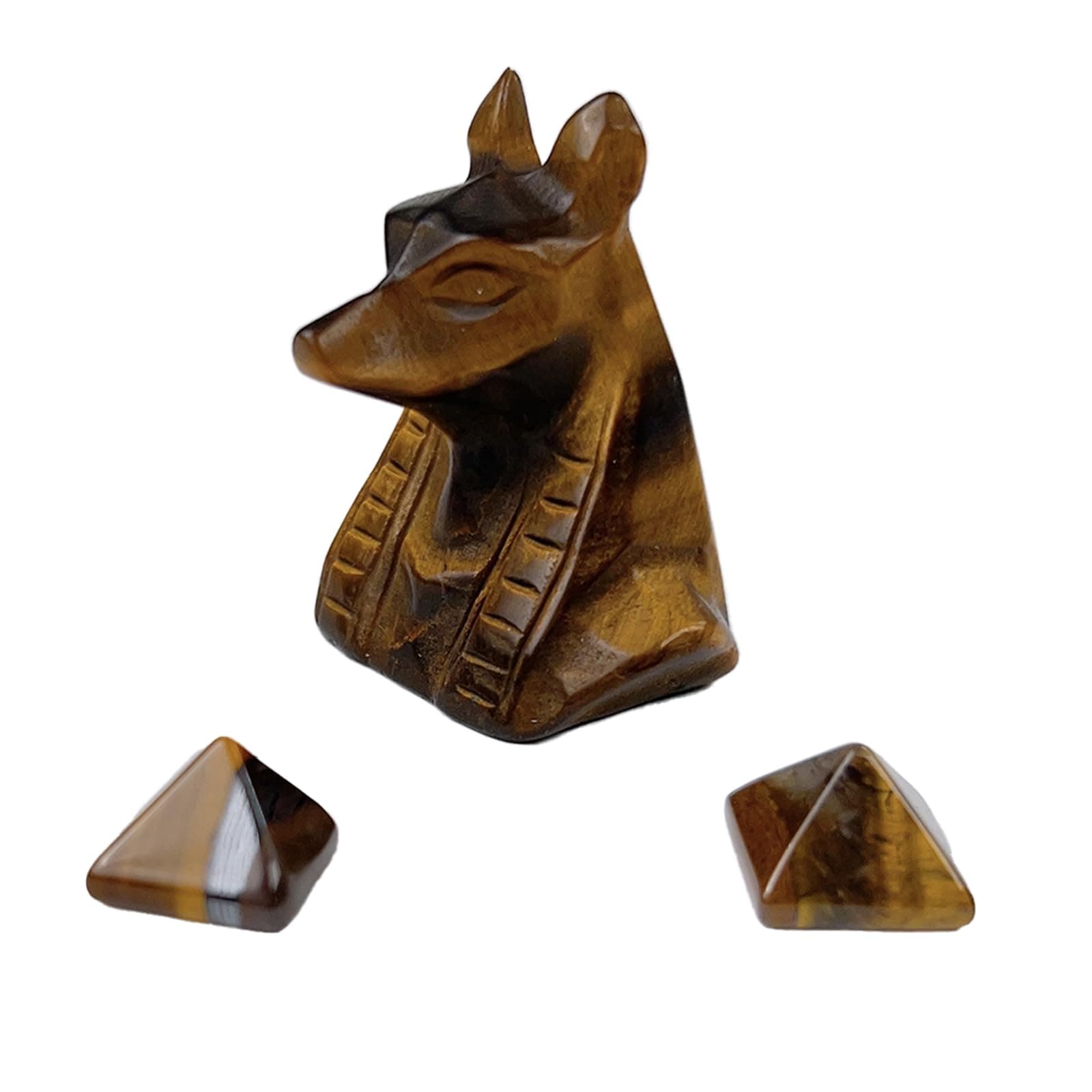 Anubis Statue with Pyramids Tigers Eye Crystal, Egyptian Guardian Mythological