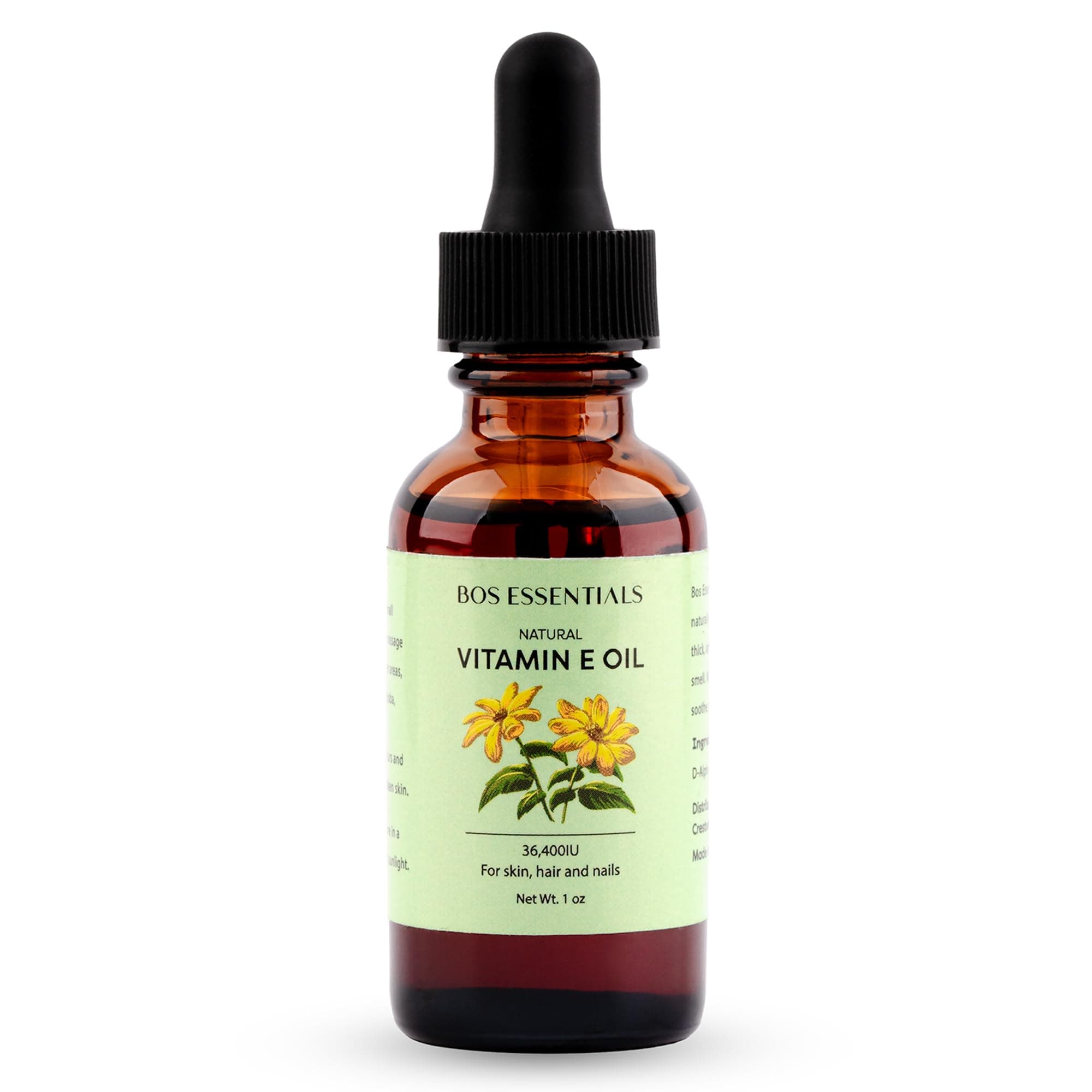 Bos Essentials Natural Vitamin E Oil (>90% D-Alpha Tocopherol) | Pure & Undiluted Oil | Diminishes The Appearance of Scars, Wrinkles, & Other Skin Abnormalities | Non-GMO
