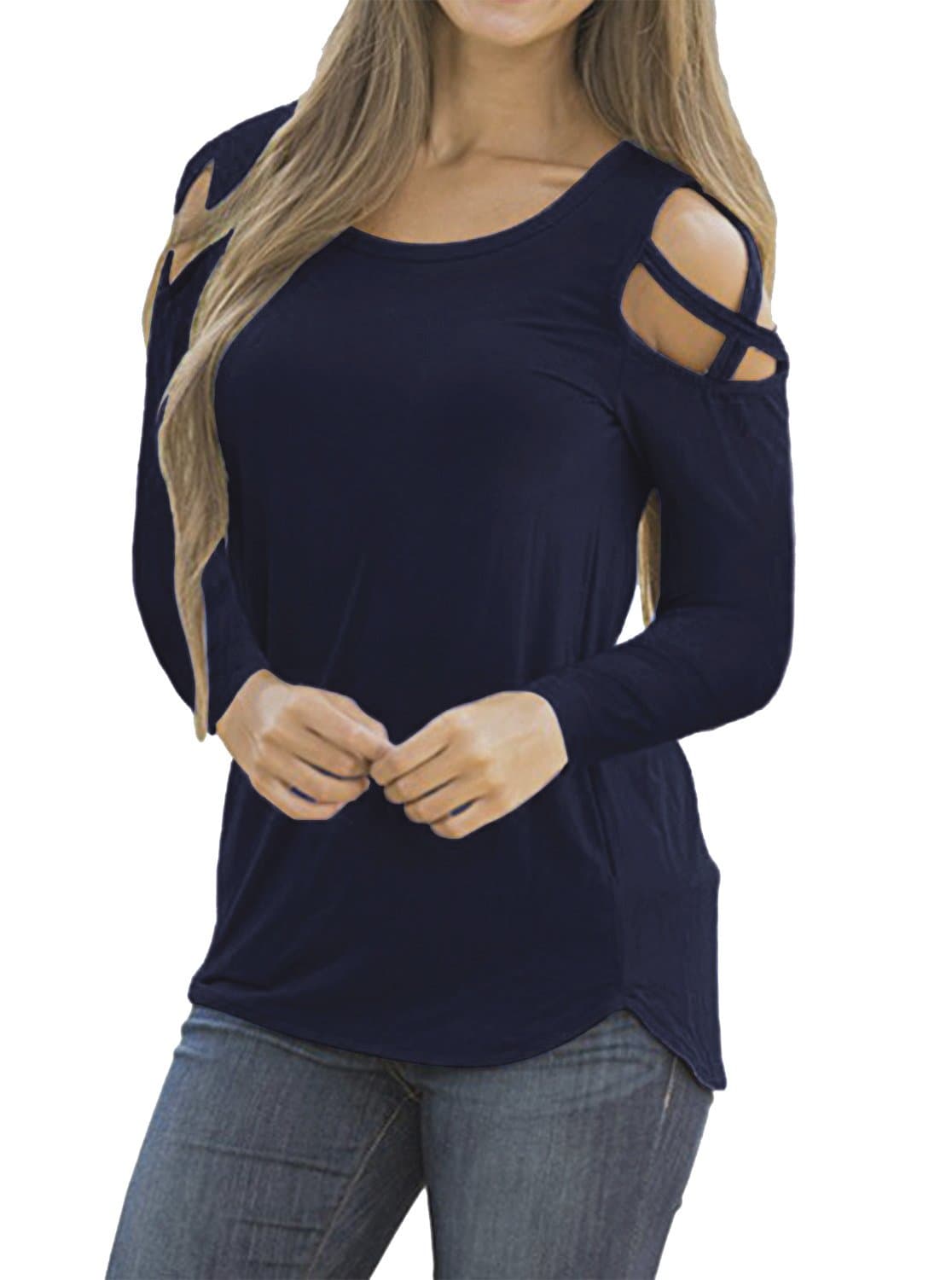 Adreamly Women's Casual Summer Long Sleeve Loose Strappy Cold Shoulder Tops Basic T Shirts Blouses Navy Blue Medium