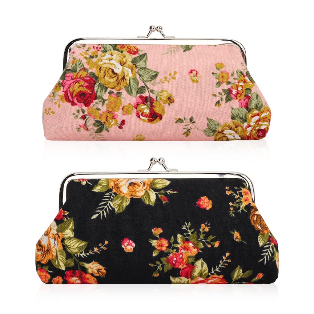 2 Packs Large Coin Purse Floral Cell Phone Pouch Clasp Wallet Handbags Change Pouch Clutch Buckle Vintage Kiss Lock Key Holder Women Bag