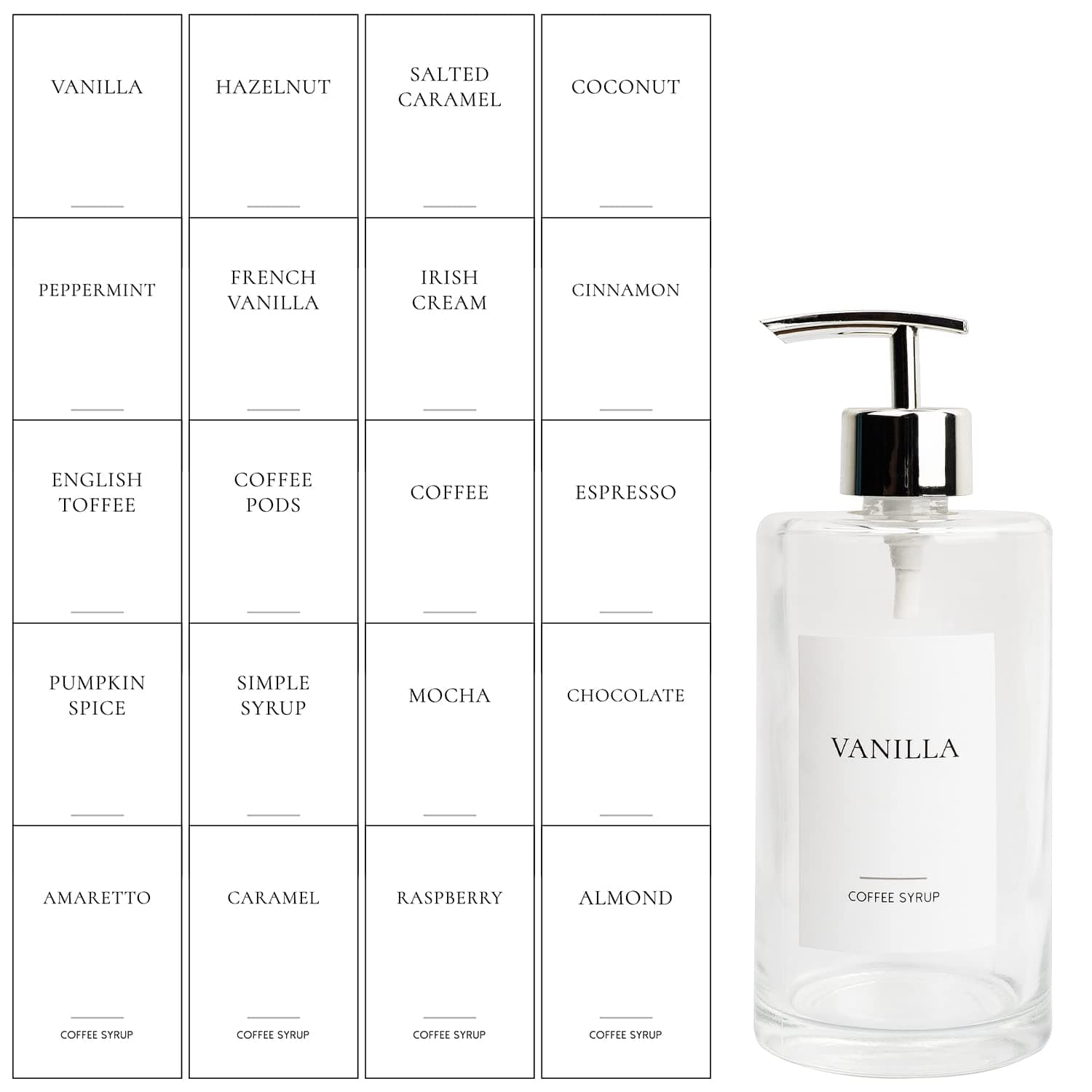 Coffee Syrup Labels Set for Coffee Bar Organization Custom Labels for Coffee Station Water-Resistant Modern Minimalist Design (20 Pieces), White, 2x3 inches