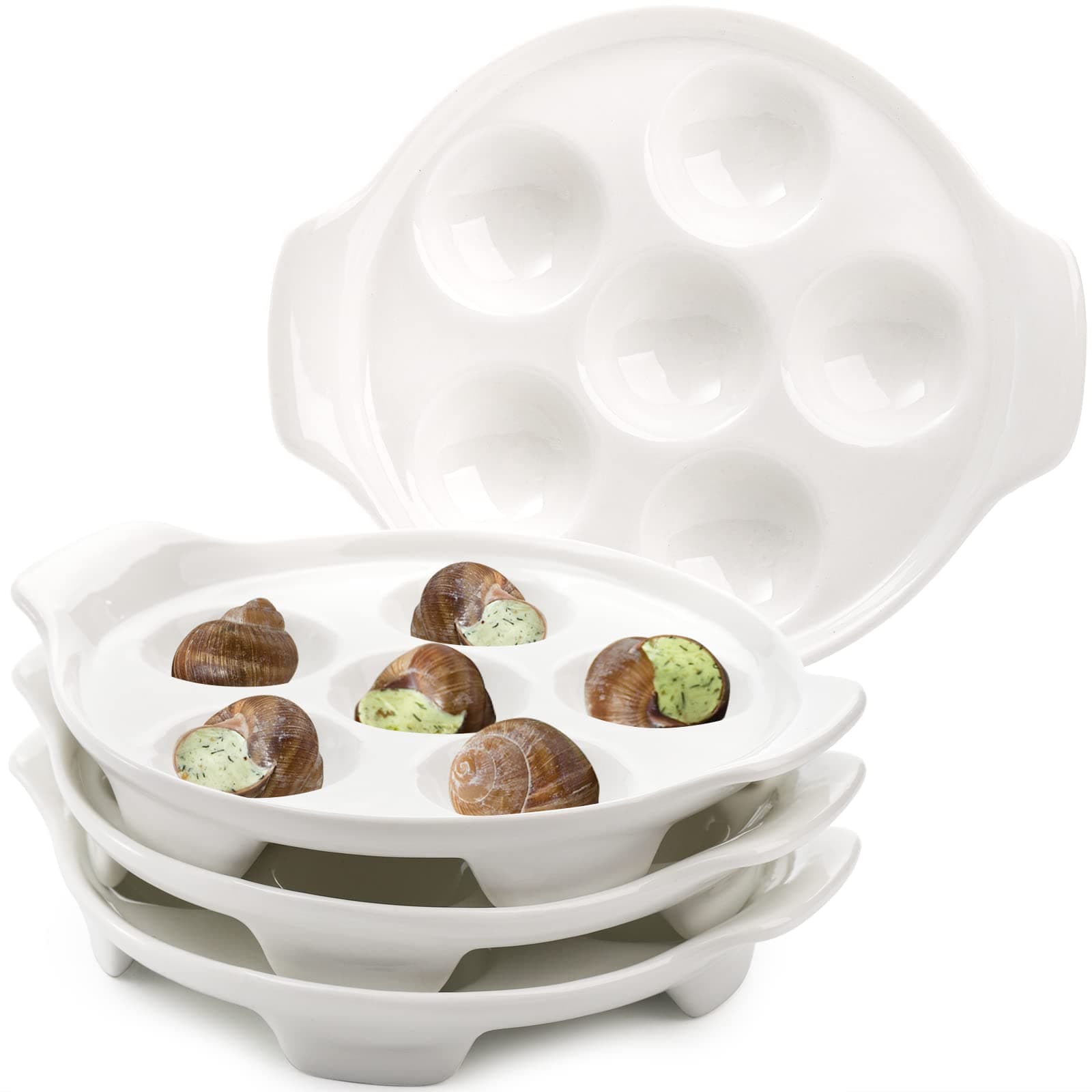 Okllen 4 Pack Ceramic Escargot Plates with 6 Holes and Handles, 6.5 Inch Seafood Snail Dish Footed Plates White Escargot Baking Dish Barbecue for Home, Kitchen, Restaurant