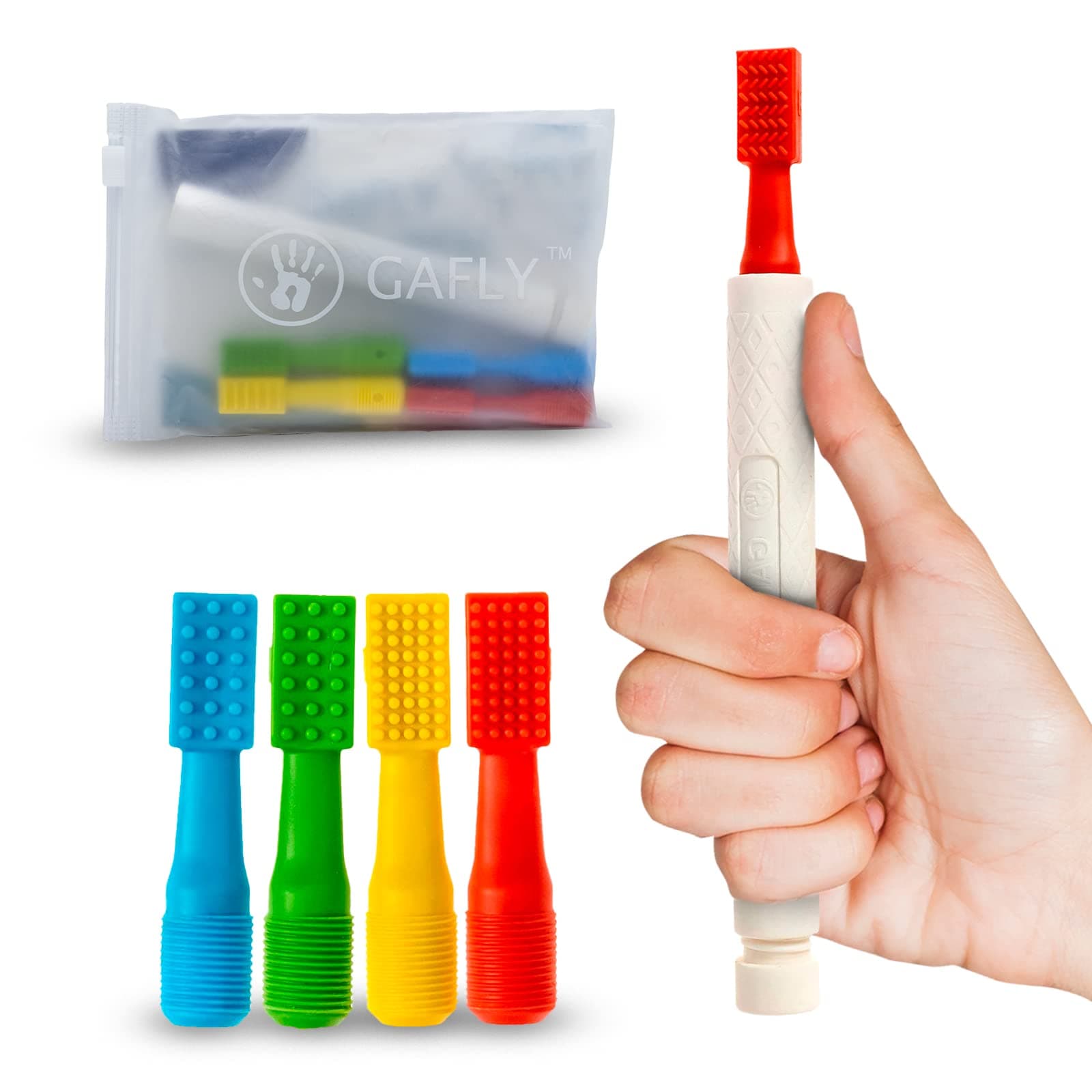 Gafly Therapens Oral Motor Therapy Tools Stimulate Speech and Feeding - Chewy Vibe Speech Therapy Toys Help Kids with Sensory Needs Chew & Relax - Oral Stimulator Kit Includes 4 Tips, Storage Pouch