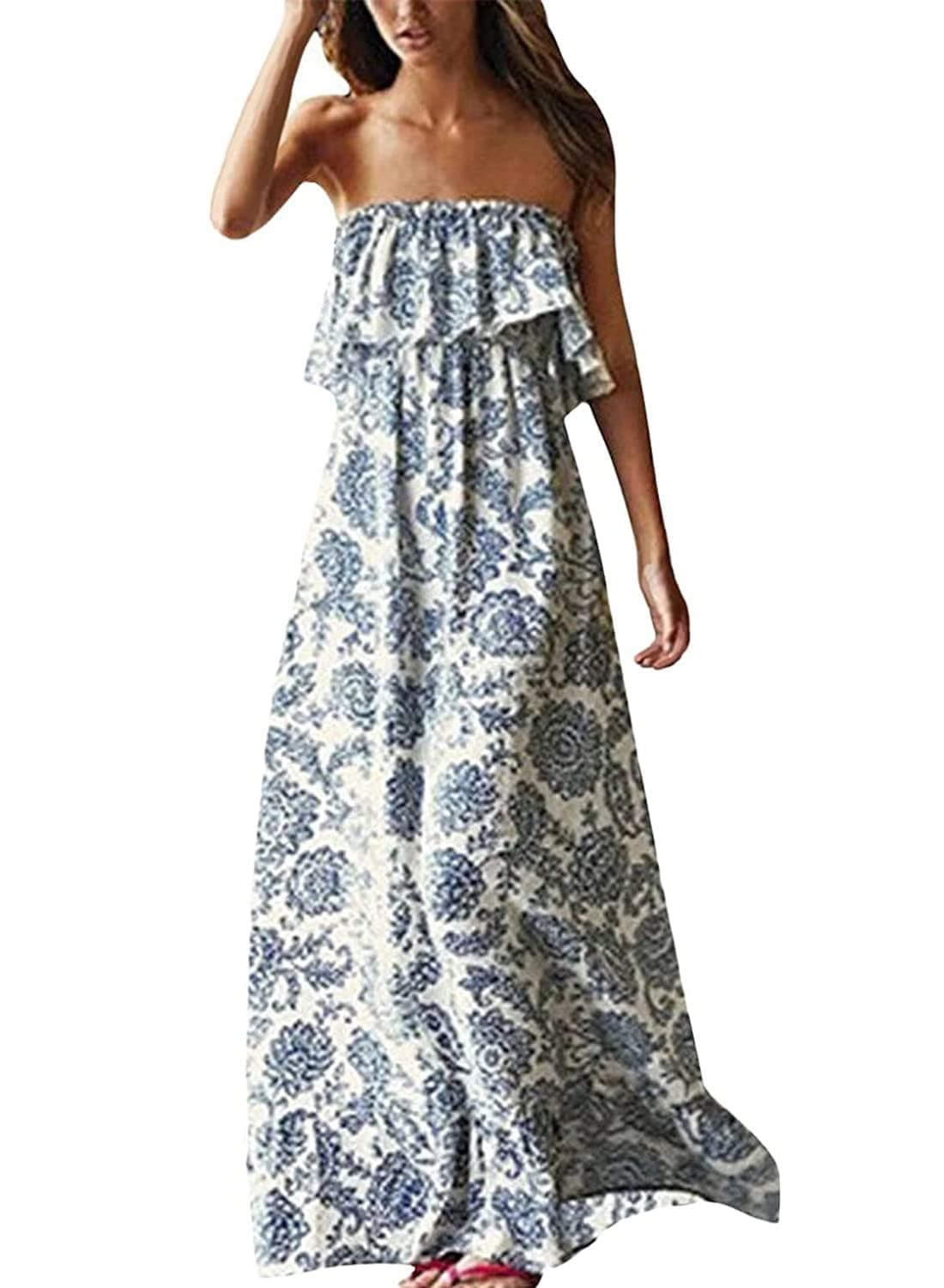 ZMPSIISA Women's Summer Off The Shoulder Maxi Dress Ruffle Strapless Blue White Porcelain Boho Casual Loose Long Dresses