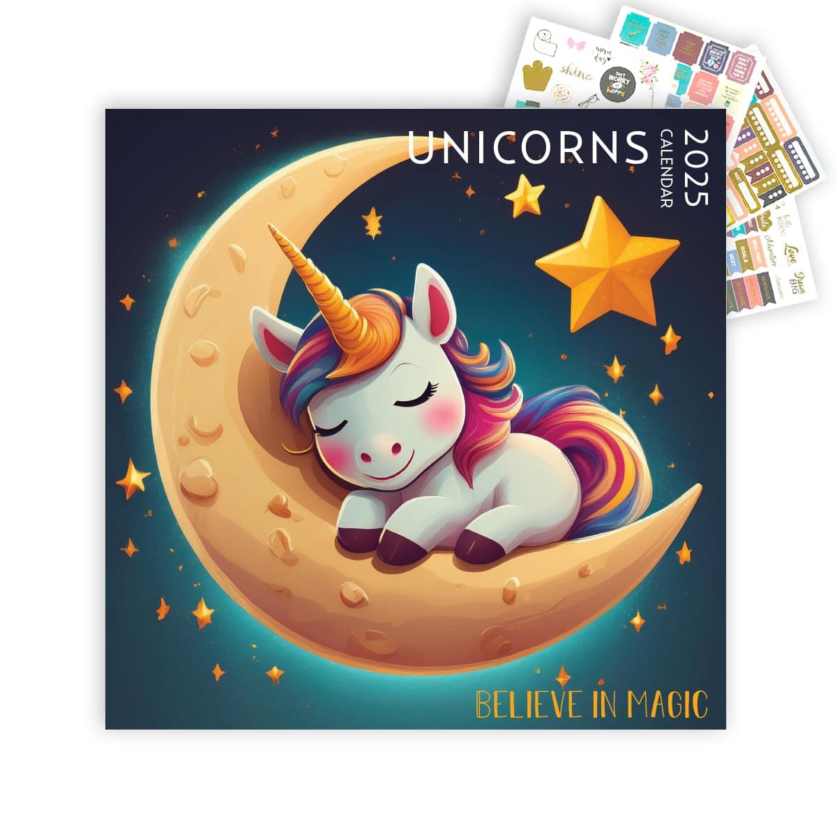Unicorn Calendar 2025 with Sticker Pack, Large 12 x 12 inch, Unicorn Wall Calendar with Sticker Set, Gift for Unicorn Lovers, Cute Calendar for girls