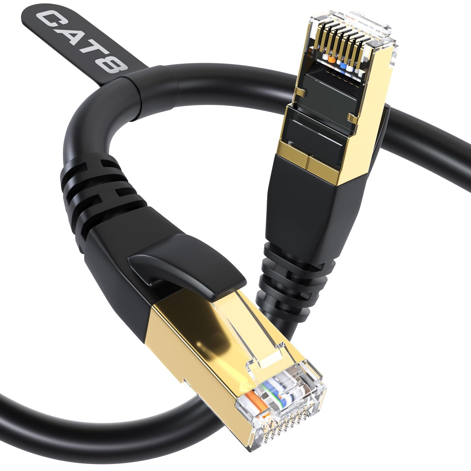 Cat8 Ethernet Cable, Outdoor&Indoor, 3FT Heavy Duty Direct Burial High Speed 26AWG Cat8 LAN Network Cable 40Gbps, 2000Mhz with Gold Plated RJ45 Connector, Weatherproof for Router
