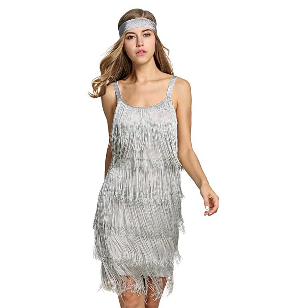 Palove Women's Flapper Dress 1920s Gatsby Tassel Sway Cocktail Fringe Dress, Gray/M