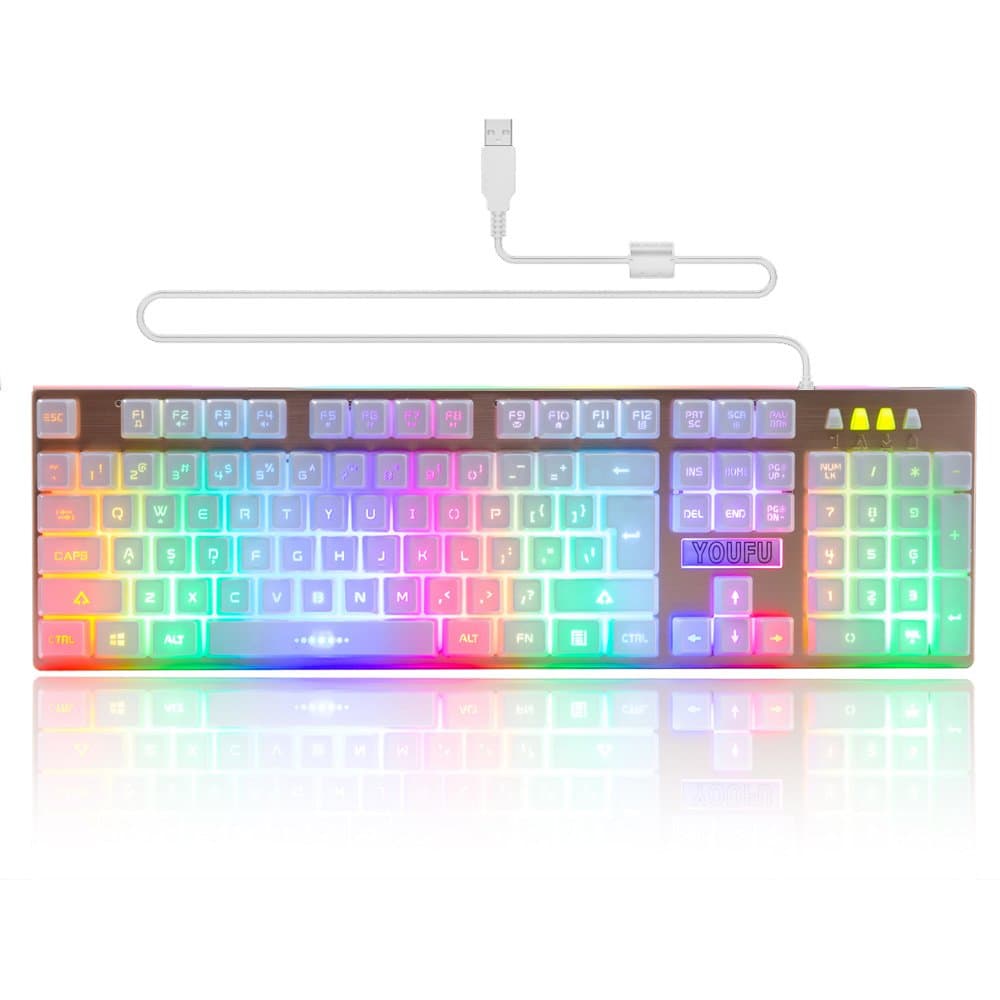 Wired Mechanical Feeling Keyboard, Backlit LED Gaming Keyboard with Waterproof Adjustable backlight USB Wired Illuminated Computer Keyboard for PC Games Office (K2 White)