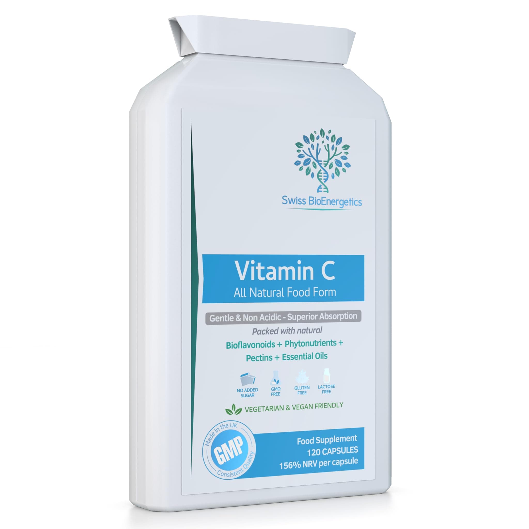 Natural Vitamin C 120 Capsules – Optimum Absorption All-Natural Food Form - Gentle & Non-Acidic - Packed with Bioflavonoids, Pectins, Essential Oils & phytonutrients - NO Synthetic ascorbic Acid