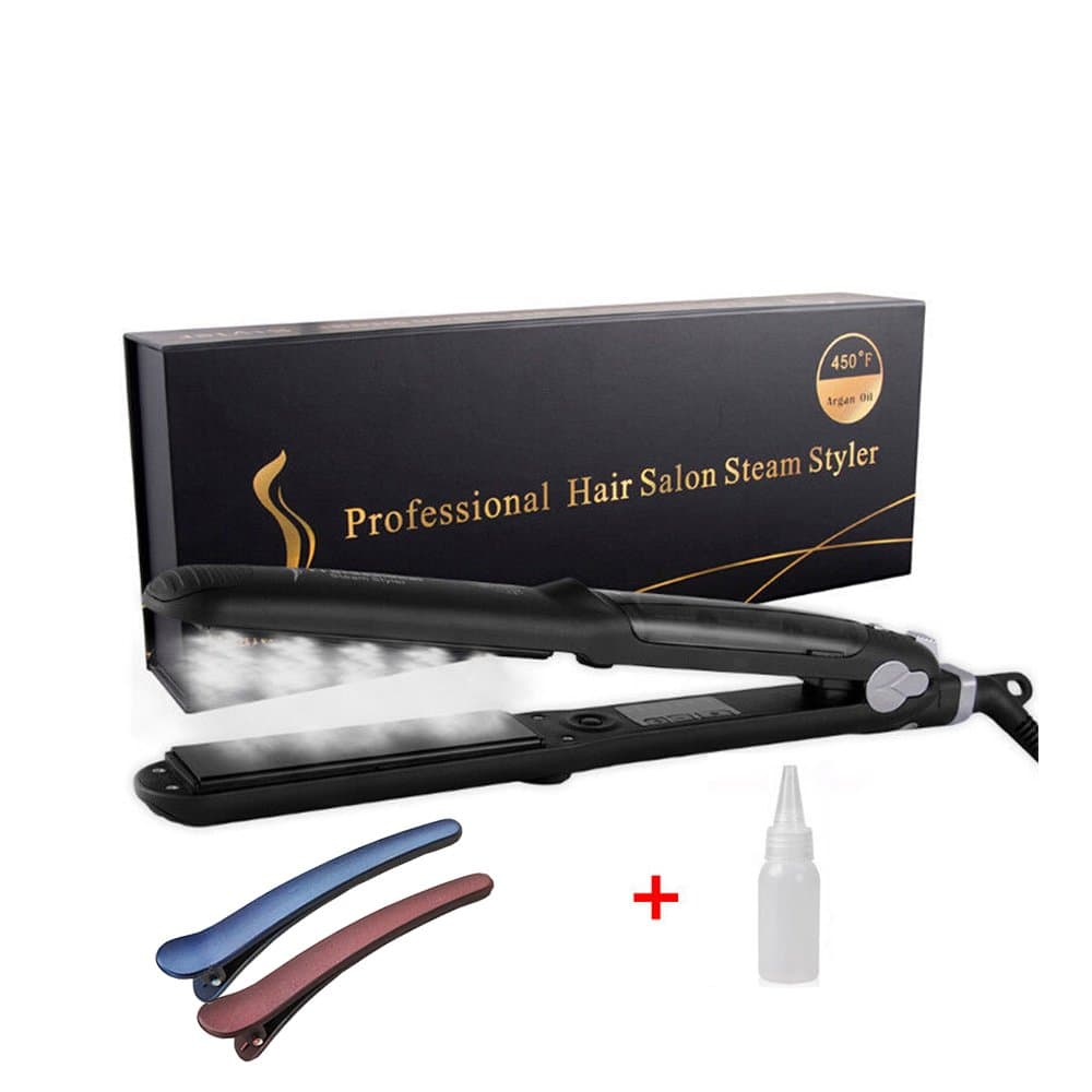 2 in 1 Curling and Straightening Steam Flat Iron- Professional Steam Hair Straightener Salon Styler Tourmaline Flat Iron with Steamer, Dual PTC Heater, Digital LCD Display, Dual Voltage,300-450℉
