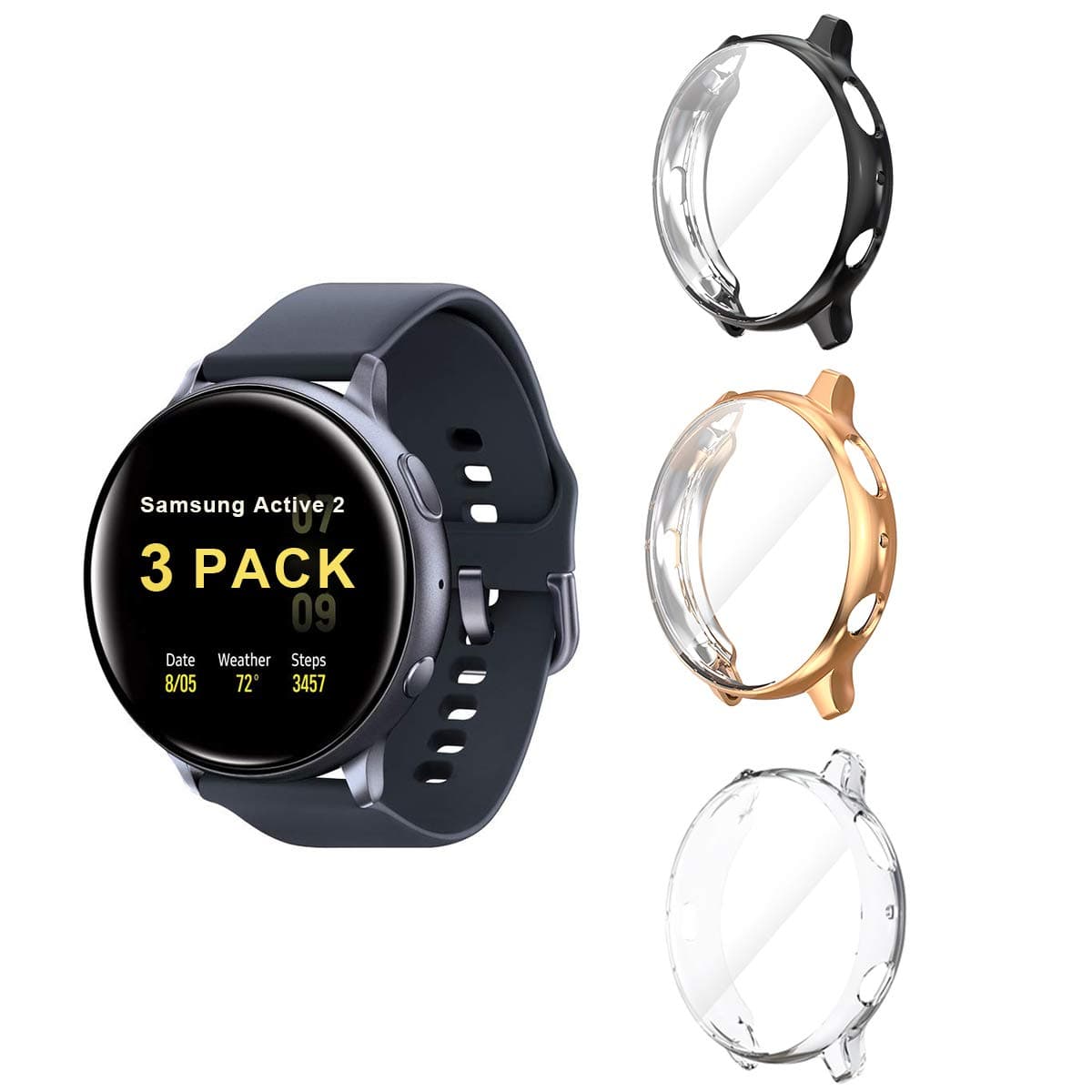 Cuteey for Samsung Galaxy Watch Active 2 44mm Screen Protector Case, 3 Pack Flexible TPU Case Soft Ultra-Slim Protector Cover for Galaxy Watch Active 2 Bands Accessories(Black+Rose+Clear, 44mm)