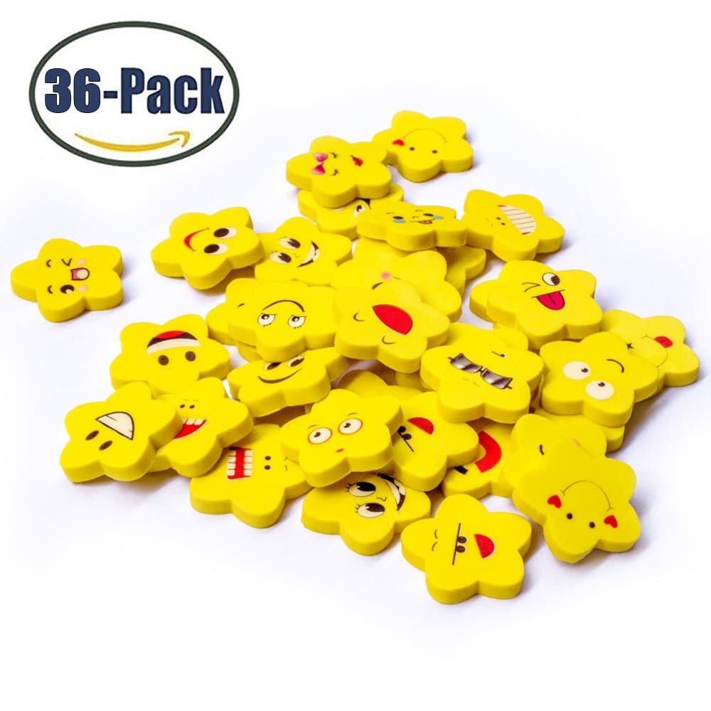 36 Pack Pencil Erasers Random Star Face Yellow Emoji Eraser by LYSM