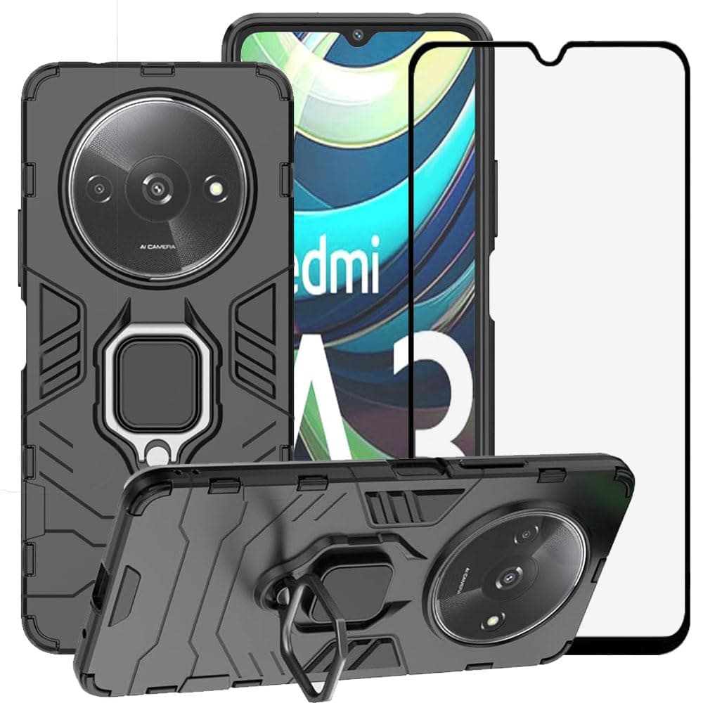 for Xiaomi Redmi A3 4G 6.71" Case, 2 in 1 Hybrid Heavy Duty Armor Shockproof Defender Kickstand Dual Layer Bumper Hard Back Case Cover Tempered Glass Screen Protector,Black