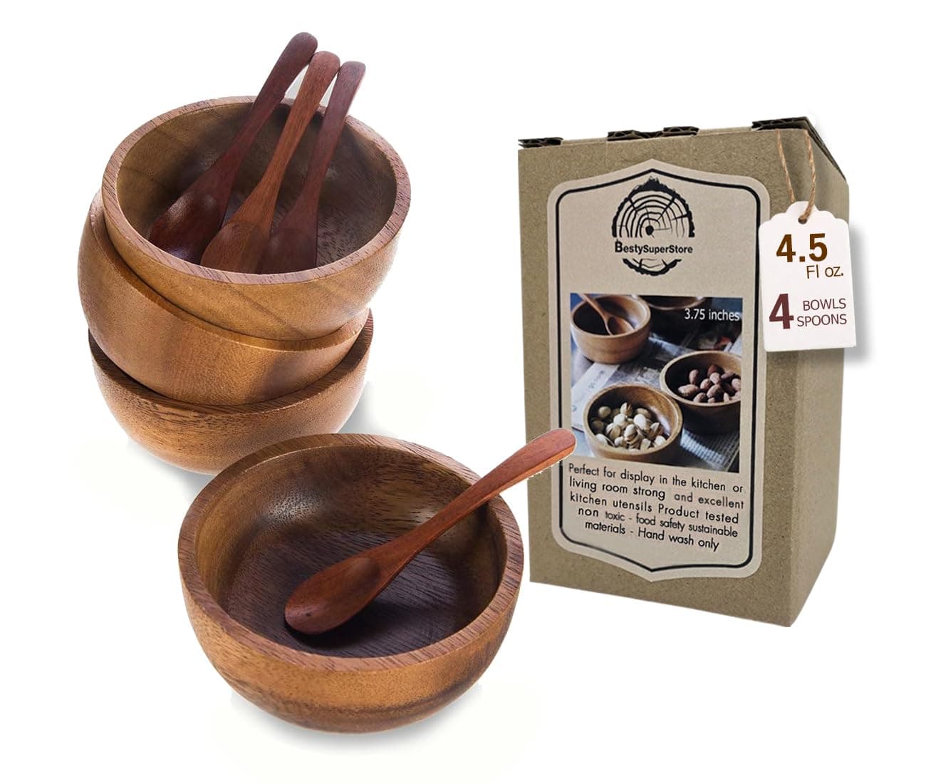 BestySuperStore Set of 4 Small Round Acacia Wooden Bowls 3¾ Inch Diameter 1½" High With Spoons - Stackable Mixing Bowl Salad Soup Snack Dip Sauce Charcuterie Wood Tableware Sets for Decor and Serving