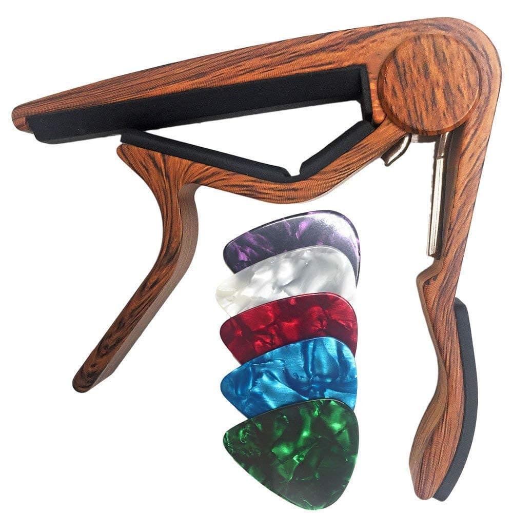 WINGO Wooden Classical Flat Guitar Capo for Nylon String Guitars-Rosewood with 5 Picks.