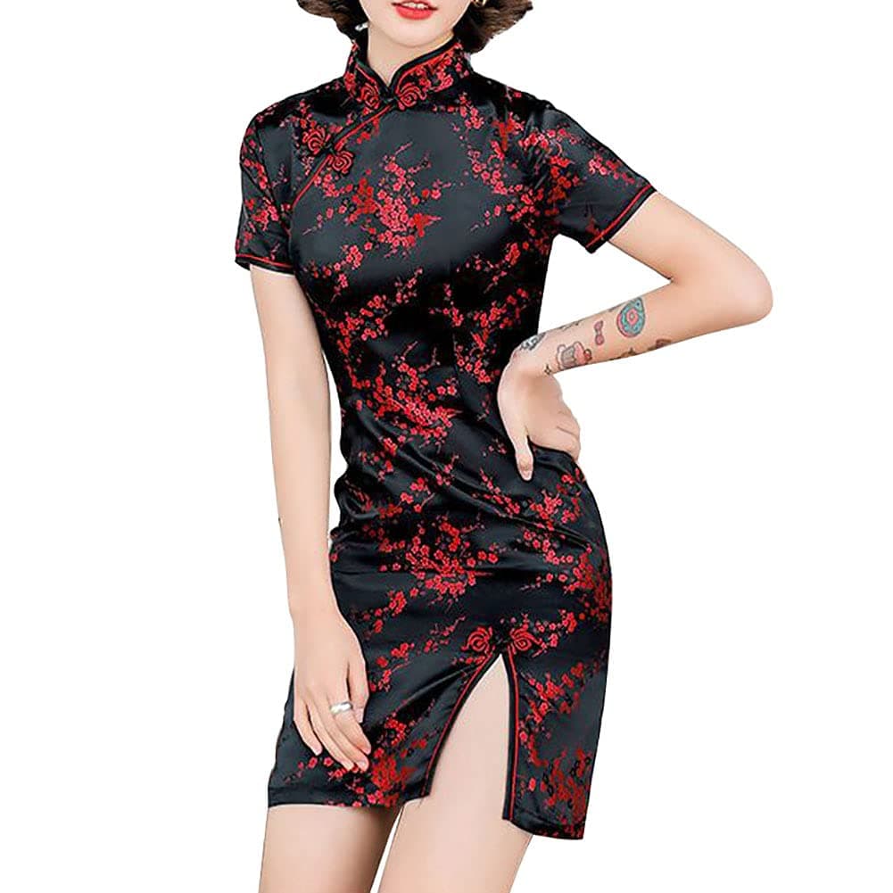 Women's Cheongsam Costume Short Sleeve Side Slit Floral Print Mandarin Collar Evening Bodycon Cocktail Dress