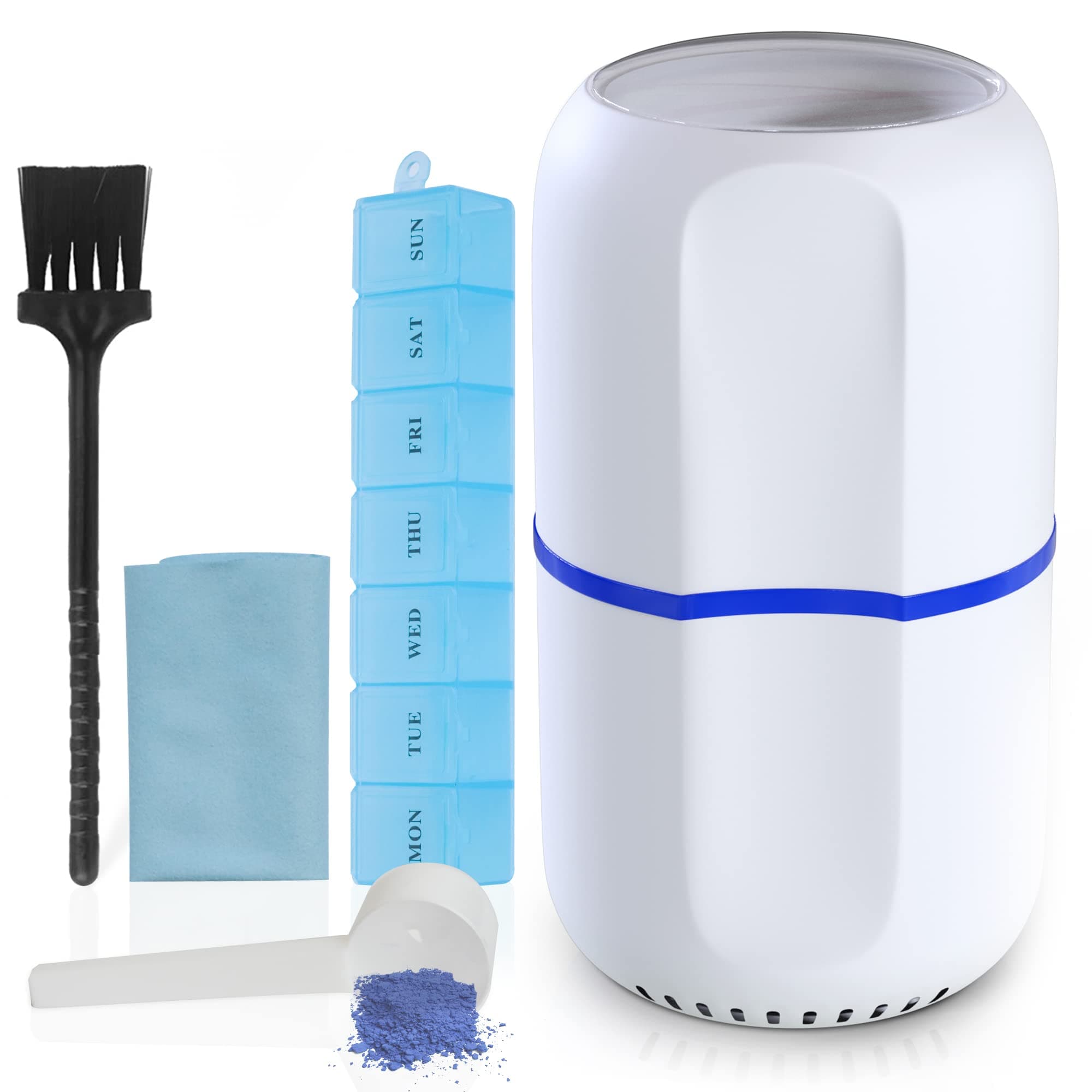 Electric Pill Crusher Grinder - Fine Powder Electronic Pulverizer for Small & Large Medication & Vitamin Tablets - Comes with Pill Organizer, Brush, Spoon, Cloth & Stainless Steel Blades by