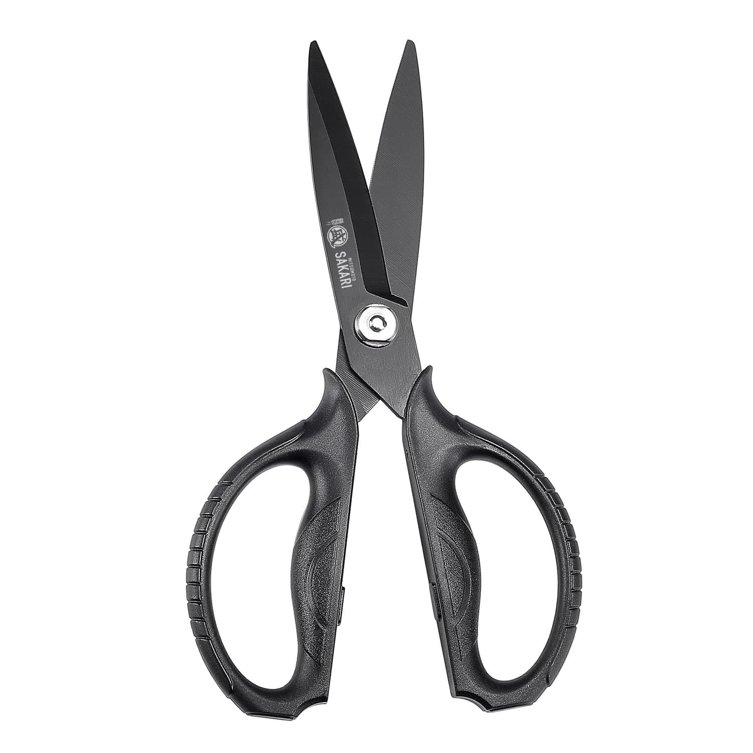 MITSUMOTO SAKARI Japanese Kitchen Scissors All Purpose, Black Titanium Plated Heavy Duty Kitchen Shears, Multipurpose Cooking and Herb Scissor, Micro Serrated