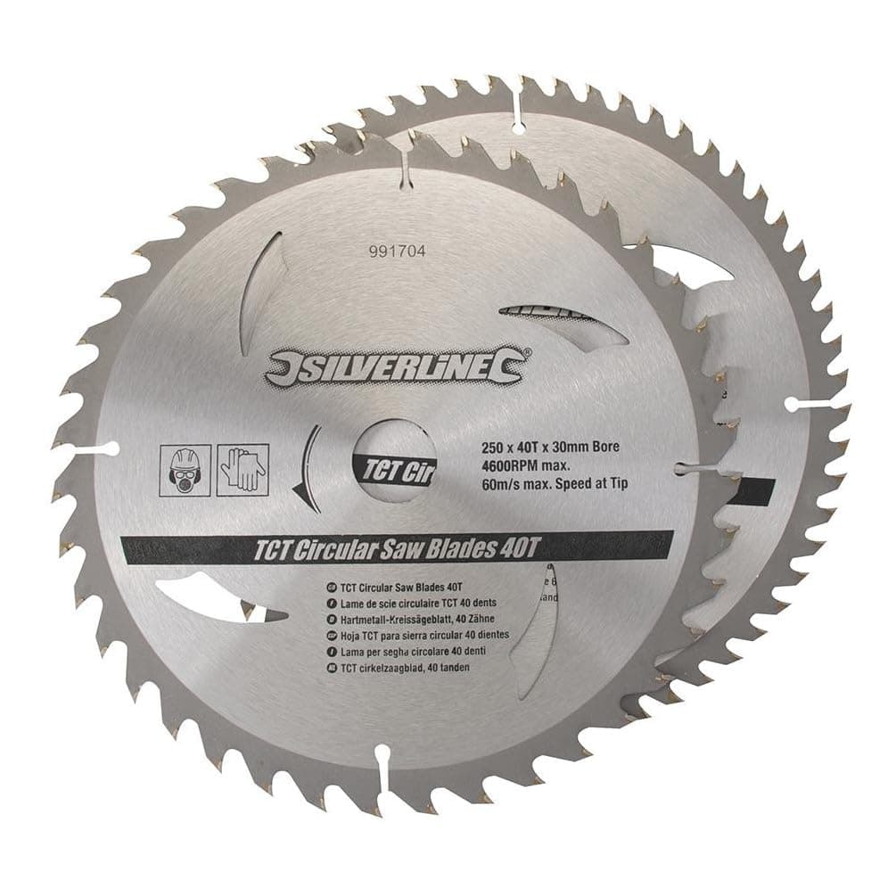 Silverline TCT Circular Saw Blades – 2 Pack (40 & 60 Teeth), 250mm Diameter with 30-25-20-16mm Arbor Rings, Precision Cutting for Wood & Metal (991704)