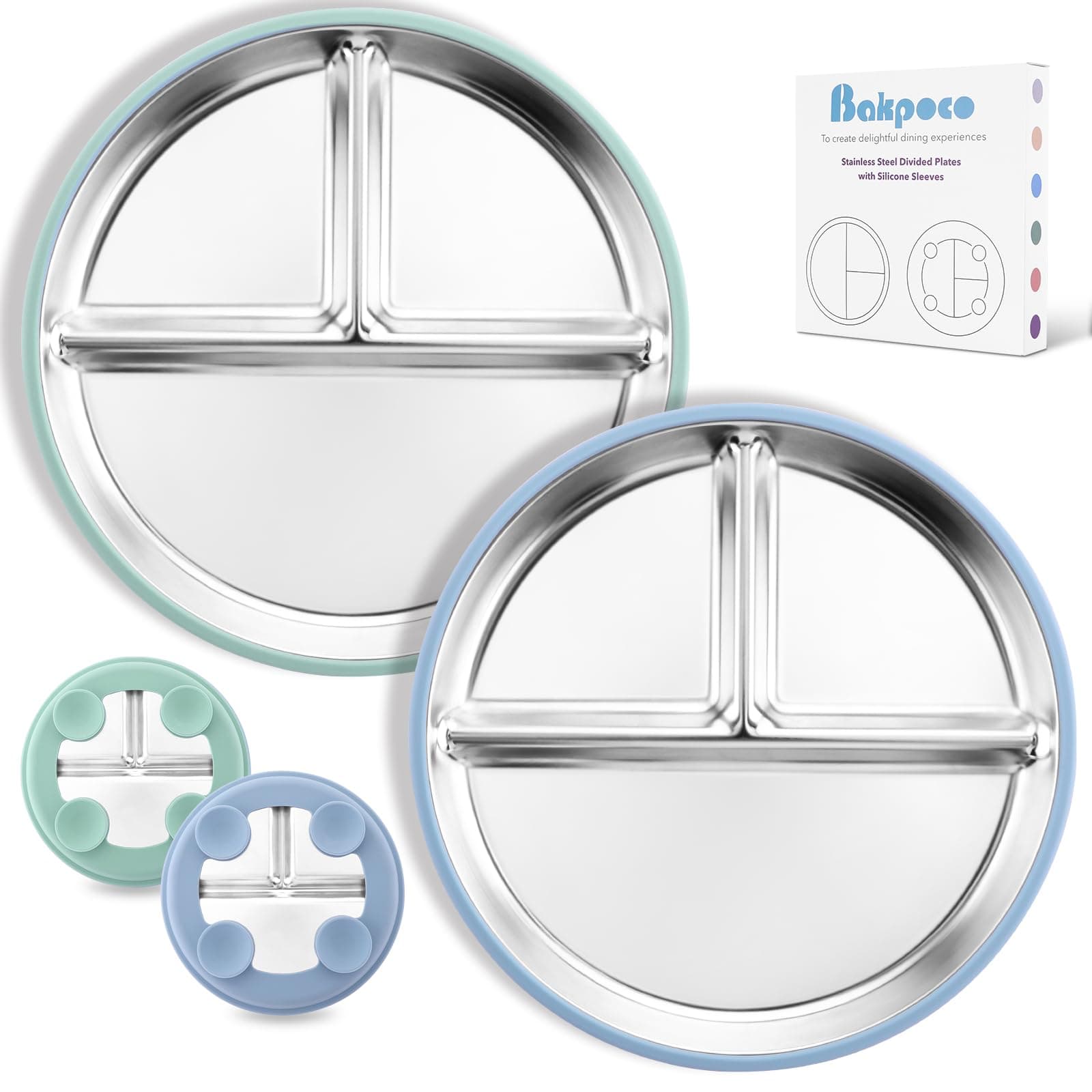Stainless Steel Toddler Plate with Suction 2Pack, 9” Divided Kids Plates with Silicone Suction for Baby Self Feeding, Non Toxic Non Slip Unbreakable Snack Dishes Dinnerware Set, Blue & Sage