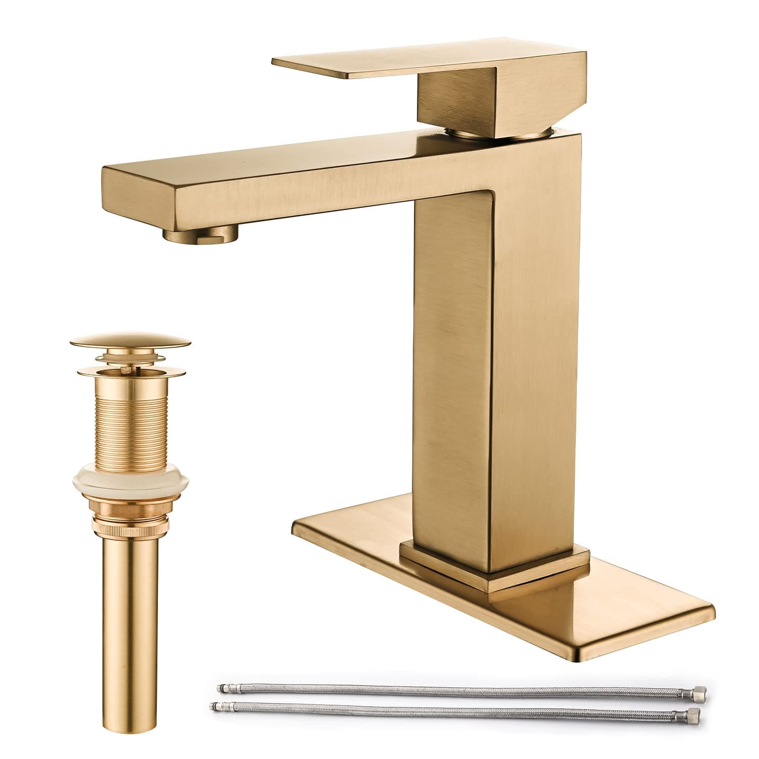 Brushed Gold Bathroom Faucet, Golden Single Hole Vanity Bath Faucet, Single Handle Modern Stainless Steel Bathroom Faucets for Sink 1 Hole with Pop Up Drain Stopper & Water Supply Hoses