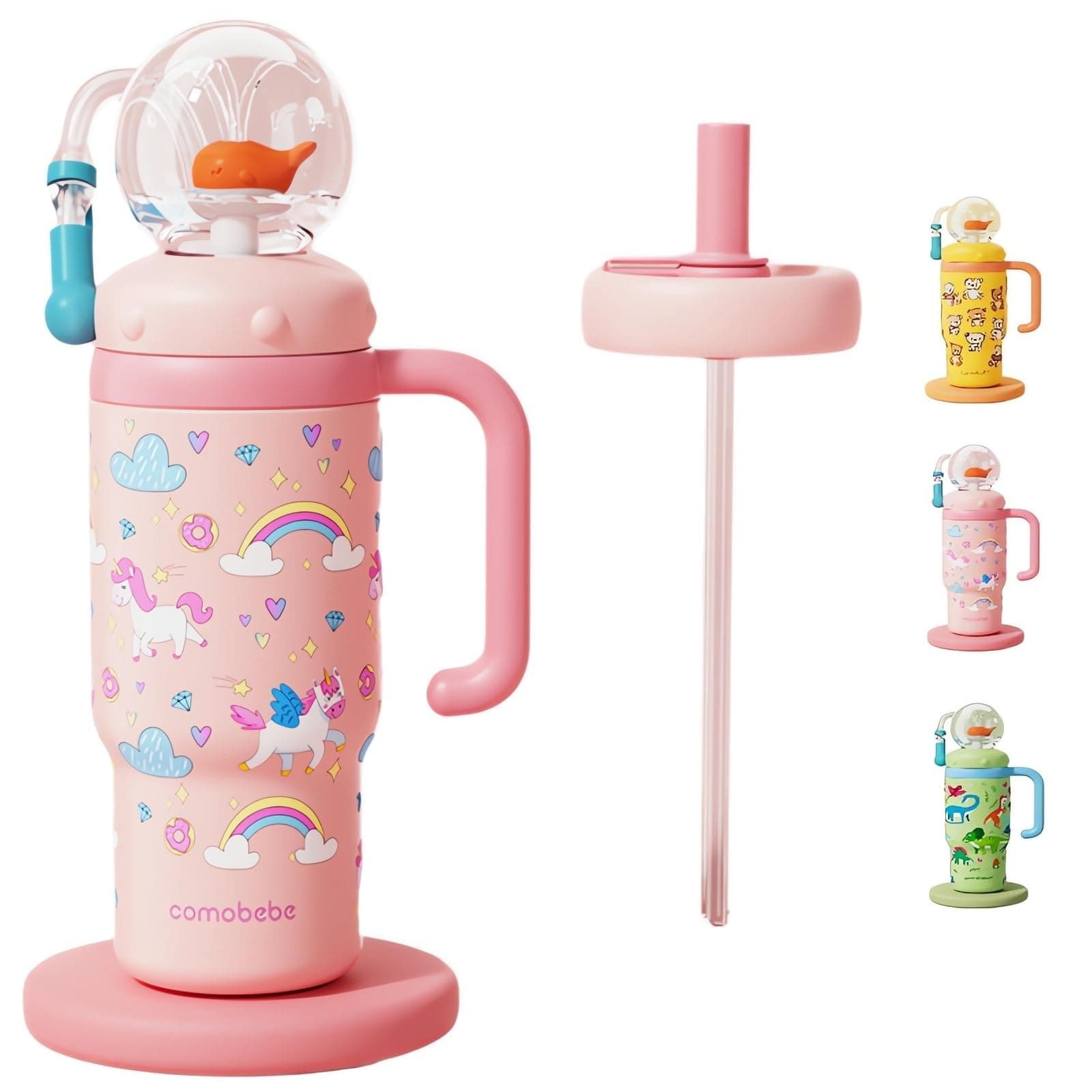 Stainless Steel Whale Fountain Tumbler with Handle, Drinking Cup with Whale Squirt, 24oz Whale Water Bottle Two Silicone Soft Tip, Leak-Proof Whale Fountain Tumbler for Kids Teens Adults (A-Pink)