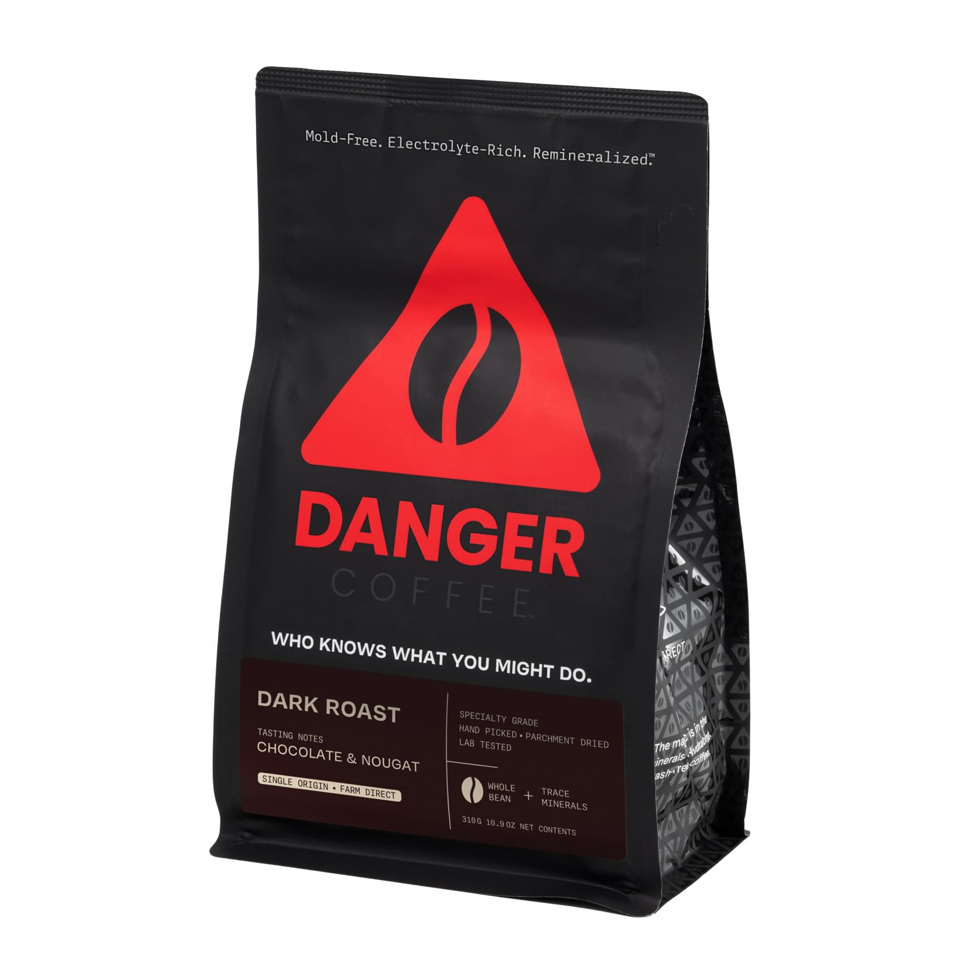 Danger Coffee by Dave Asprey, Remineralized, Mold Free & Lab Tested Whole Bean Coffee, Dark Roast, 10.9 Ounce