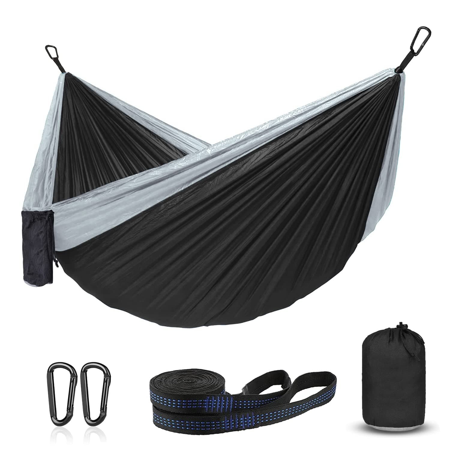 Camping Hammock, Single Portable Parachute Hammocks for Outdoor Hiking Travel Backpacking - 210D Nylon Hammock Swing for Backyard & Garden 55''W108''L (Black/Grey)