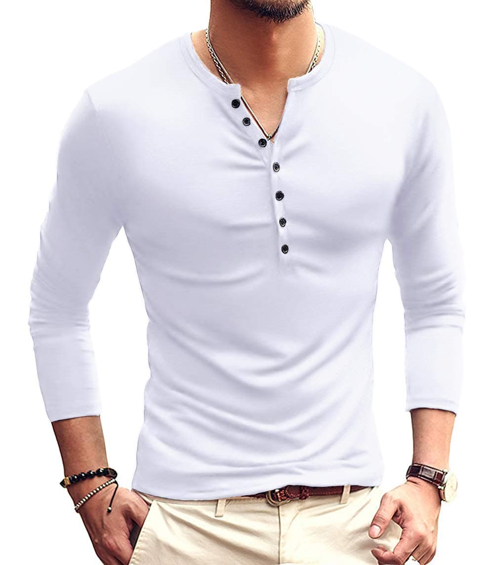 Mens Casual Slim Fit Basic Henley Long Sleeve Fashion T-Shirt