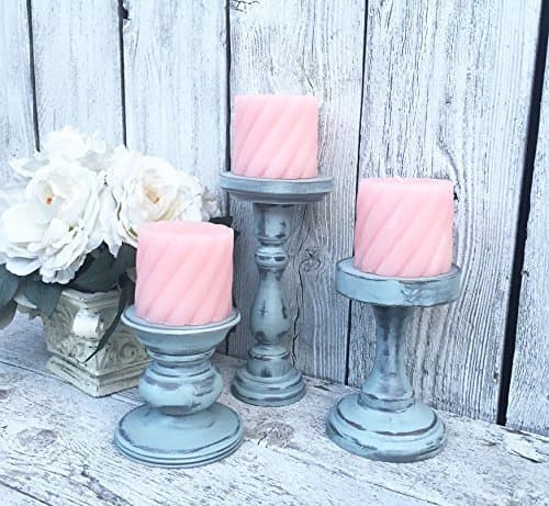Set of 3 SHABBY CHIC Pale Mint Green Chippy PILLAR Candle Holders - Rustic Candle holders -