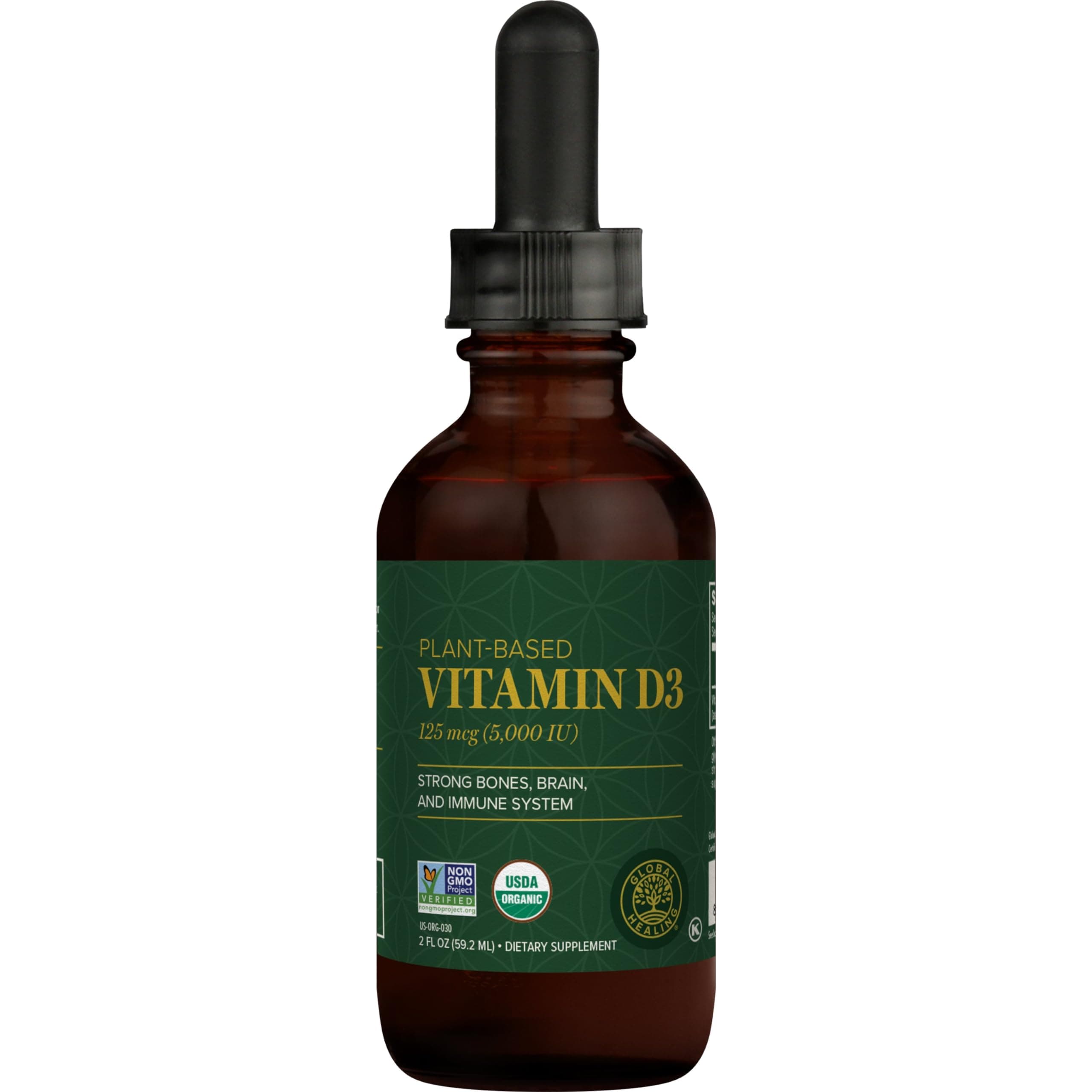 Global Healing Center USDA Organic Vitamin D3 5000IU Liquid Supplement Drops for Men & Women - Pure, Vegan Friendly, Non-GMO - Helps Support Bones, Immune System, and Joints - 2 Fl Oz