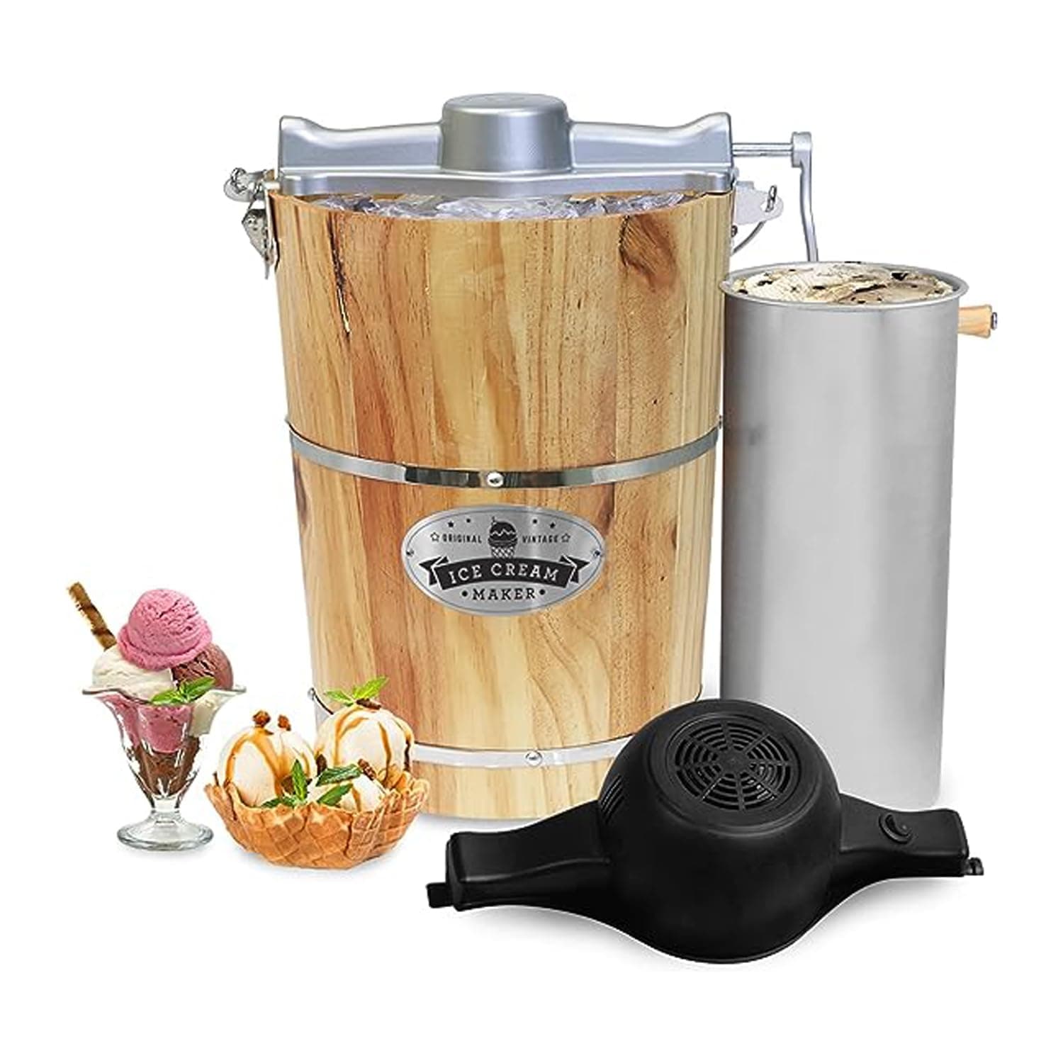 Elite Gourmet Old Fashioned 6 Quart Vintage Appalachian Wooden Bucket with Electric Ice Cream Maker Machine *Bonus Classic Die Cast Hand Crank for Stirring Use Ice and Rock Salt Churn Ice Cream in