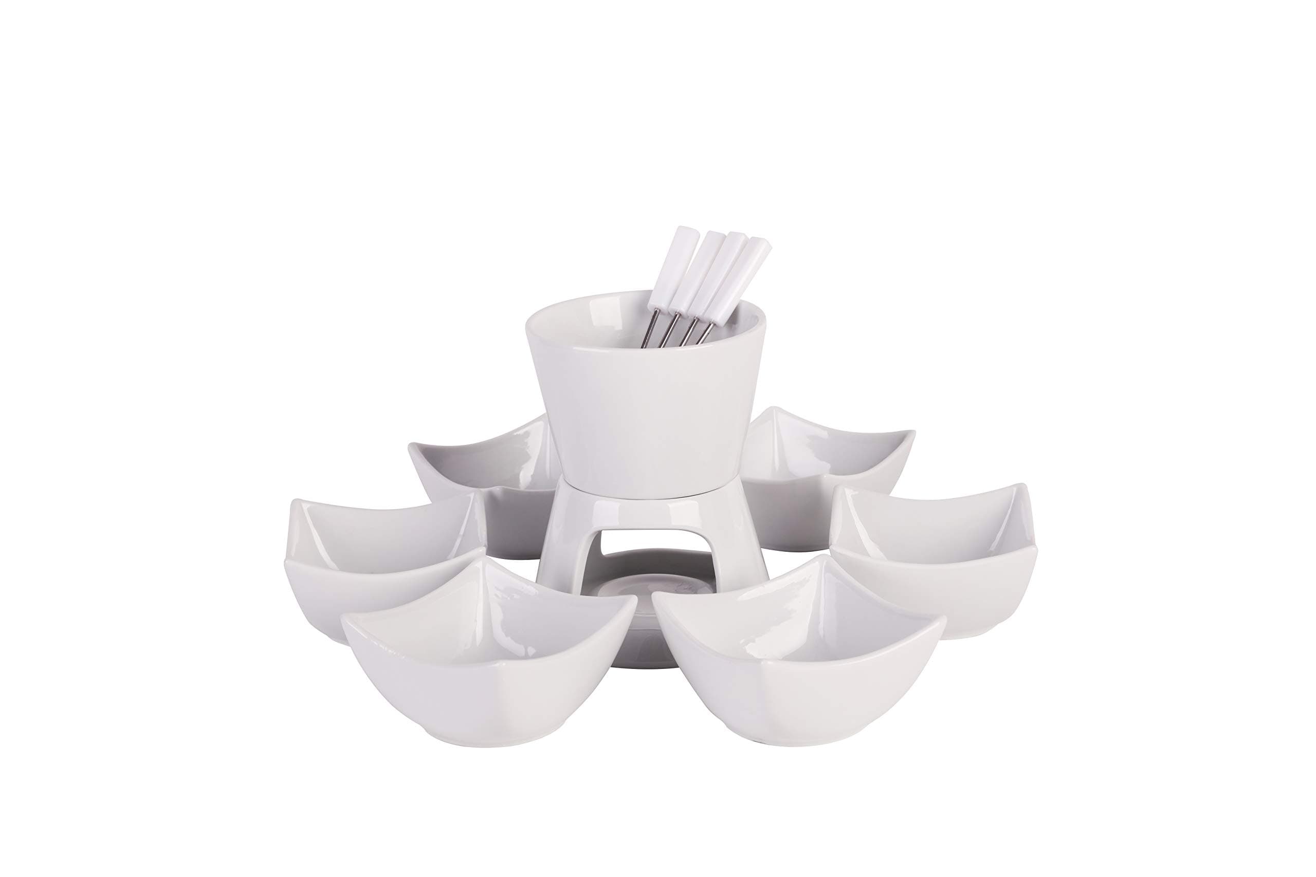 HengTianCheng Ceramic Double Layer Fondue Set,Snack Bowl for 6 and Forks for 4, Chocolate Fondue,Cheese Fondue or Butter Fondue Set,White (12-Piece)