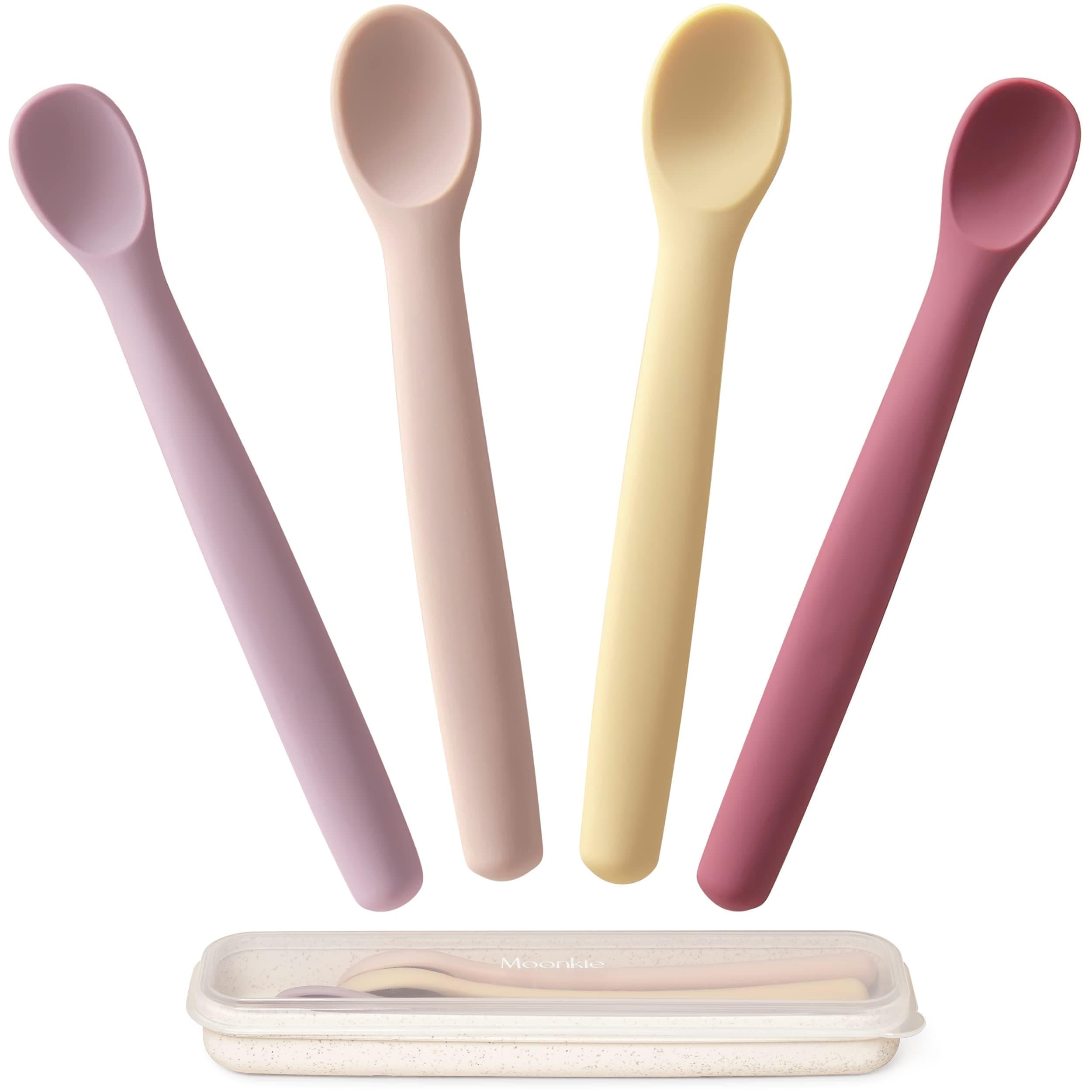 Silicone Baby Spoons Set of 4, Toddler Spoons for Self Feeding 6 Months, Two Sizes Feeding Spoons for First Stage 4+ Months, Infant, Baby Utensils with Case, Bendable, Chewproof & Boil-proof