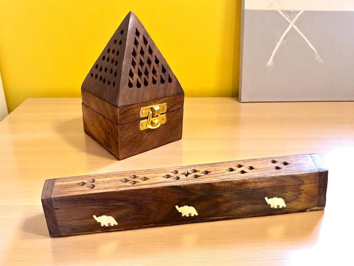 WOOD ART STORE Wooden Pyramid Shape Incense Box Hoder Stand | Wooden Agarbatti Stand with ash Catcher for Home Office | Incense Sticks Holder (Combo Pack of 2)