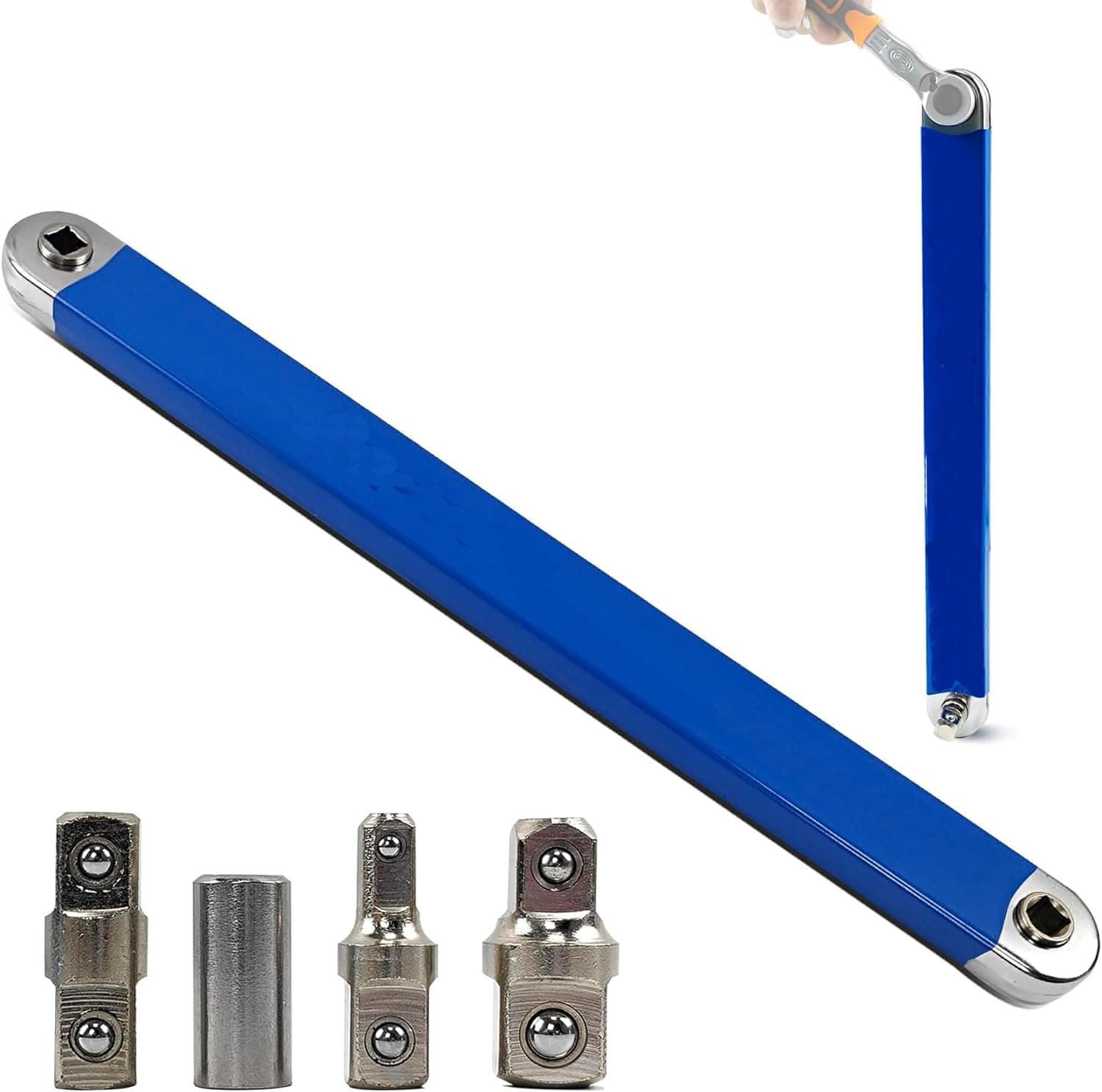 Tight Reach Extension Wrench Set with 1/2", 1/4" and 3/8" Square Drive Adapters,Impact Ready Offset Extension Wrench Non-Swivel Leveraging Ratchet for Small Place