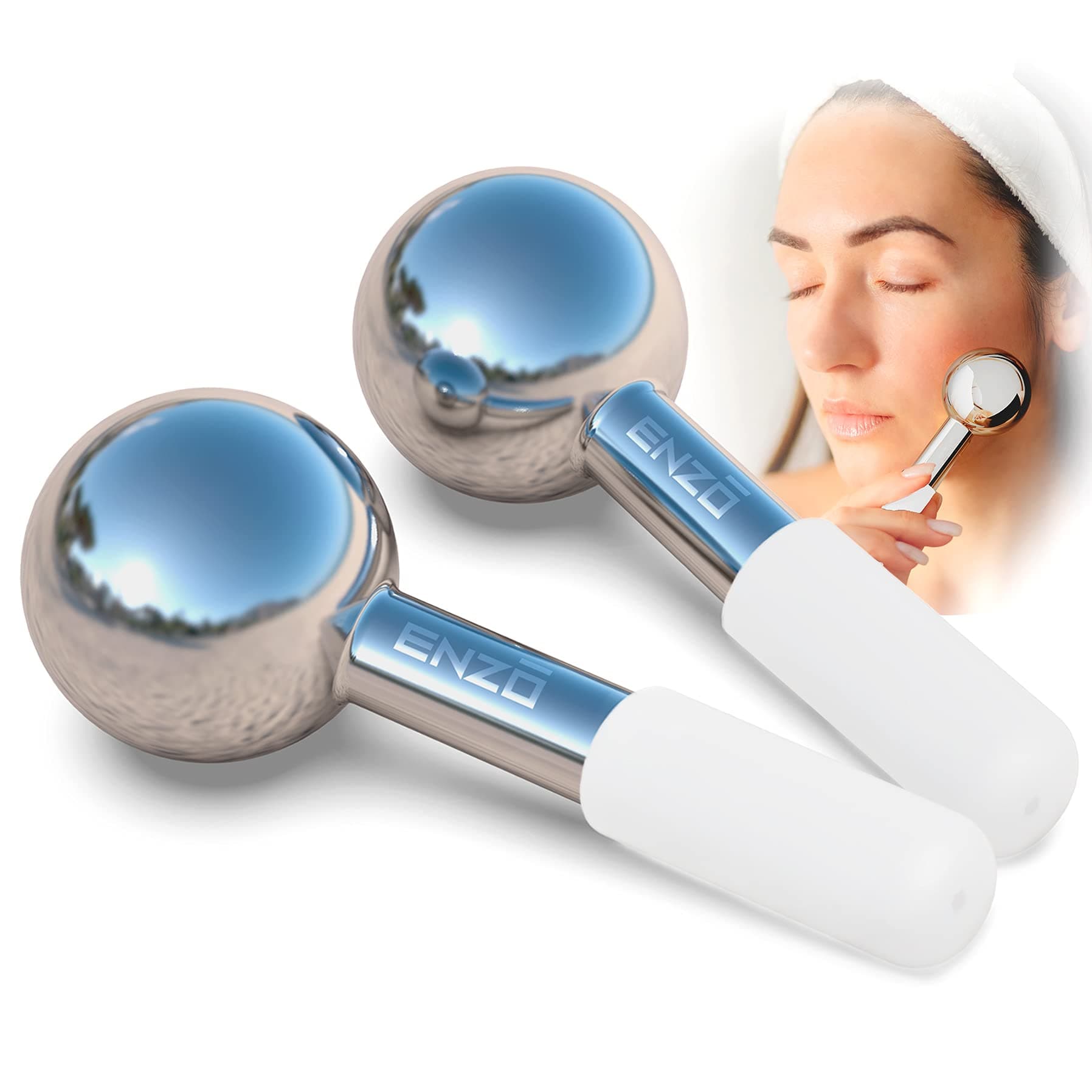 Enzo Ice Globes for Facials | Unbreakable Steel Massage Rollers for Face Neck & Body | Facial Massage Tools For Glowing Skin Remove Puffiness Dark Spots Wrinkles | Aesthetician's Choice (WHITE)
