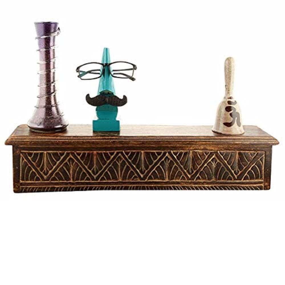 WOODENCLAVE Handcarved Solid Wood Wall Mounted Floating Shelf Decorative Brackets Shelves for Living Room Home (Brown)