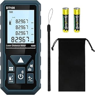 HANMATEK Laser Distance Meter 100m, DT100 Laser Measure 328ft with Portable Handle Digital Measure Tool Range Finder 4-Line Backlit Large LCD Display IP54 Shockproof