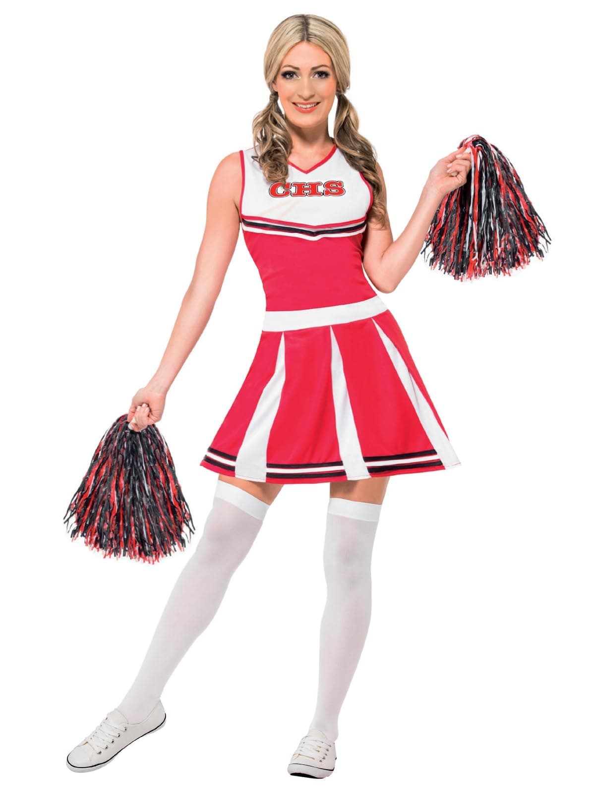 Smiffys Cheerleader Costume, Red with Dress & Pom Poms, Icons & Idols Fancy Dress, Adult Dress Up Costumes