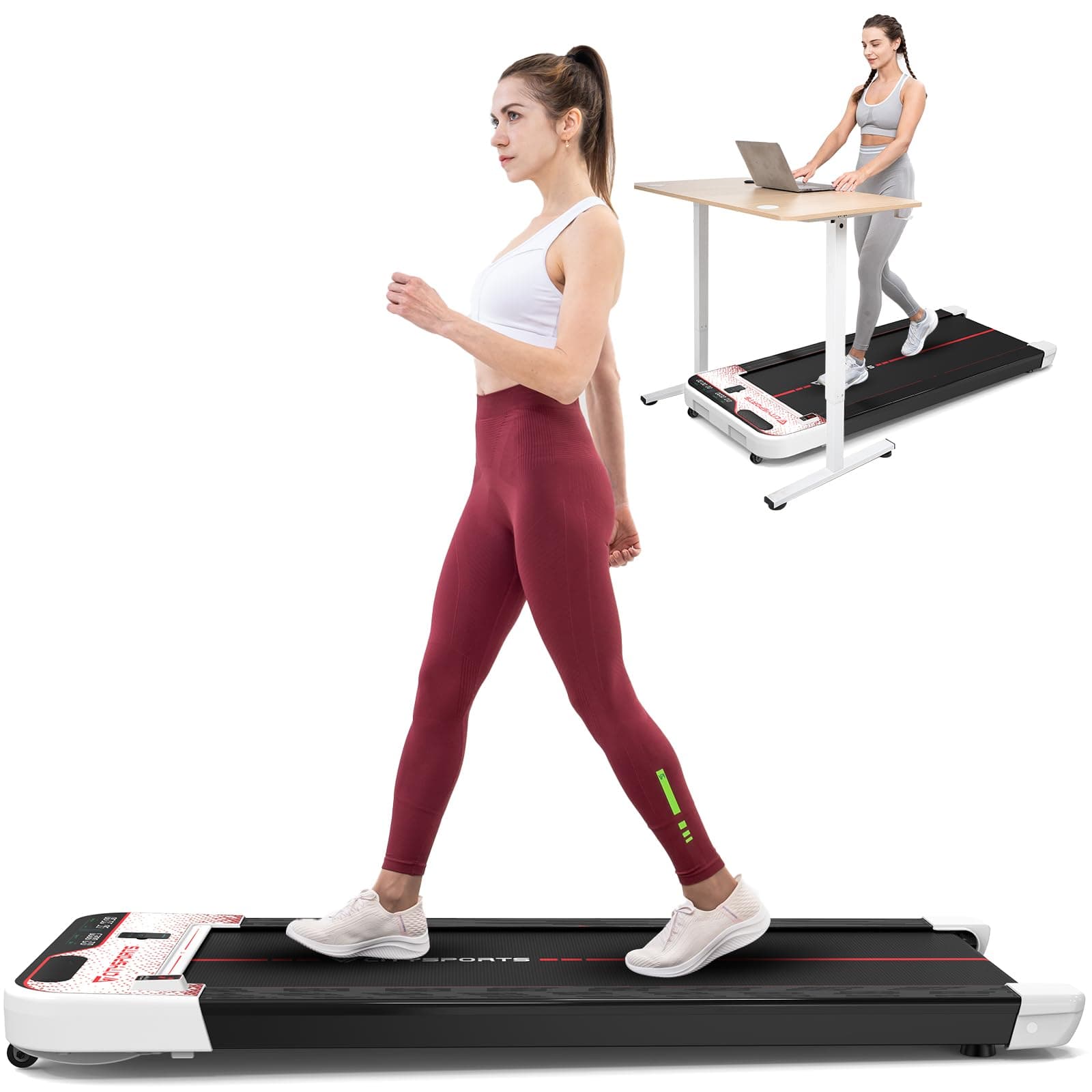 Treadmills for Home, Under Desk Treadmill Walking Pad with Audio Speakers, Slim & Portable Remote Dual LED Display, Office Home (Black and Red)